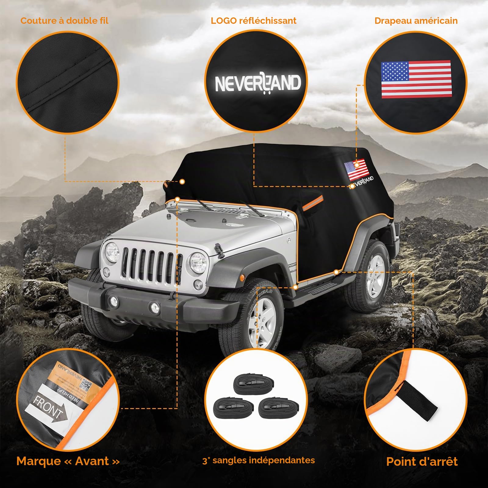 Housse de Cabine Wrangler pour Jeep Wrangler JK JL 2 Portes de 2007 à 2024, Housse de Voiture NEVERLAND imperméable avec Bande réfléchissante, Housse de Voiture résistante au Soleil et à la Neige,