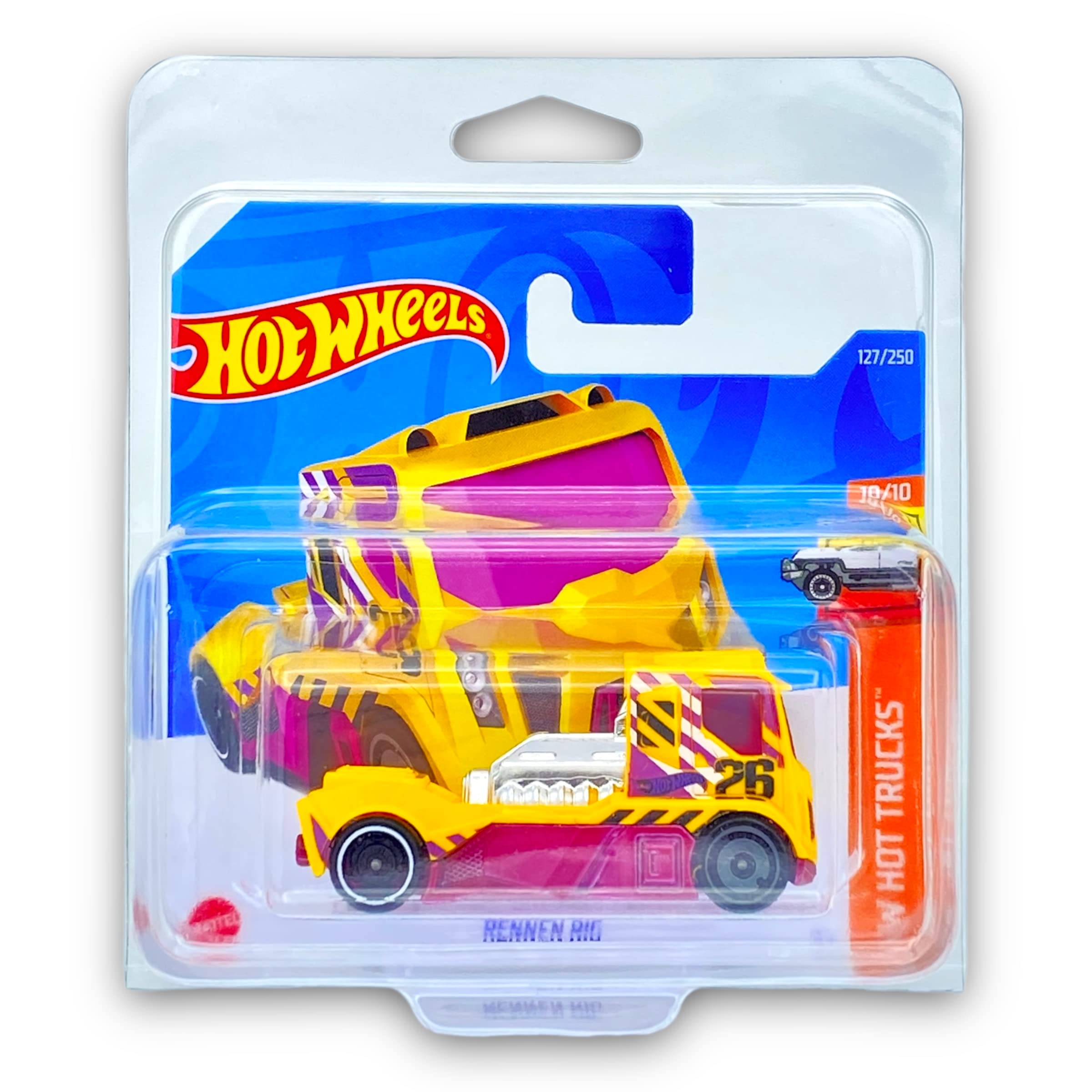 Hot Wheels Rennen Rig (Yellow & Pink) 10/10 HW Hot Trucks 2022-127/250 (Short Card) - COMES IN A KLAS CAR KEEPER PROTECTIVE COLLECTORS CASE - HCX55