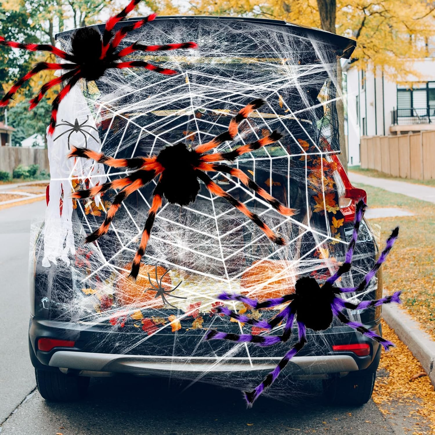 Halloween Spiders Outdoor Decorations 16.4ft 9 Coils Spider Web Trunk or Treat Car Decors Giant Colorful Hairy Spiders for Yard SUV Garage Door Archway Entryway Haunted House Birthday Party Supplies