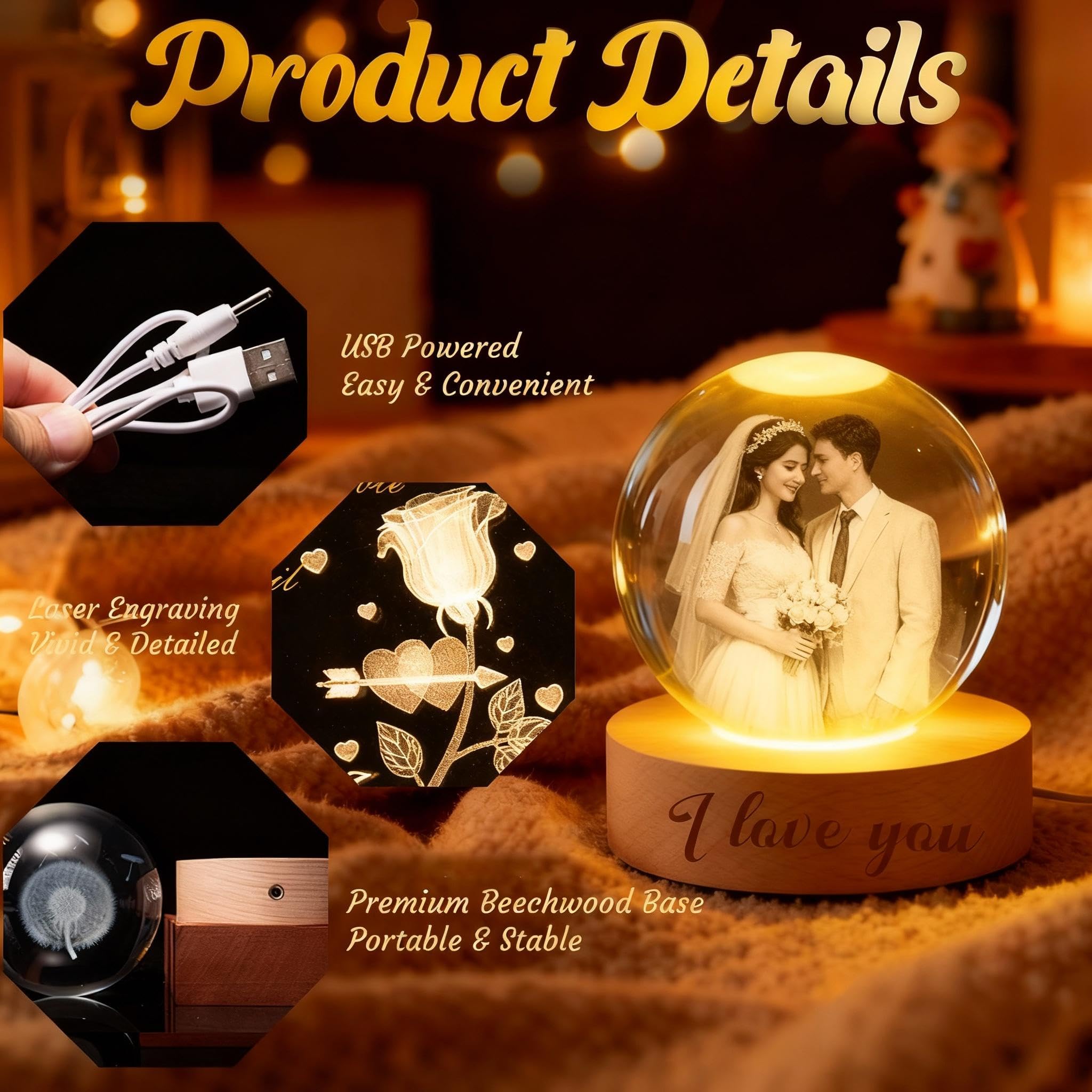 Personalized 3D Photo Crystal Ball for Mom, Custom Engraved Picture Lamp, Color Changing Crystal Globe for Family, Pets, Couples, Babies, Memorial, Birthday, Anniversary (Circle)