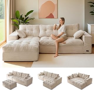 MAXYOYO Boneless Couch, 96-Inch L-Shaped Cloud Couch with Ottoman | Beige Layered Cushioning and Flexible Modules Create an Upholstered Sofa in a Box with No Assembly for Spacious Living Rooms.