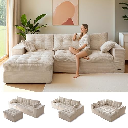 MAXYOYO Boneless Couch, 96-Inch L-Shaped Cloud Couch with Ottoman | Beige Layered Cushioning and Flexible Modules Create an Upholstered Sofa in a Box with No Assembly for Spacious Living Rooms.