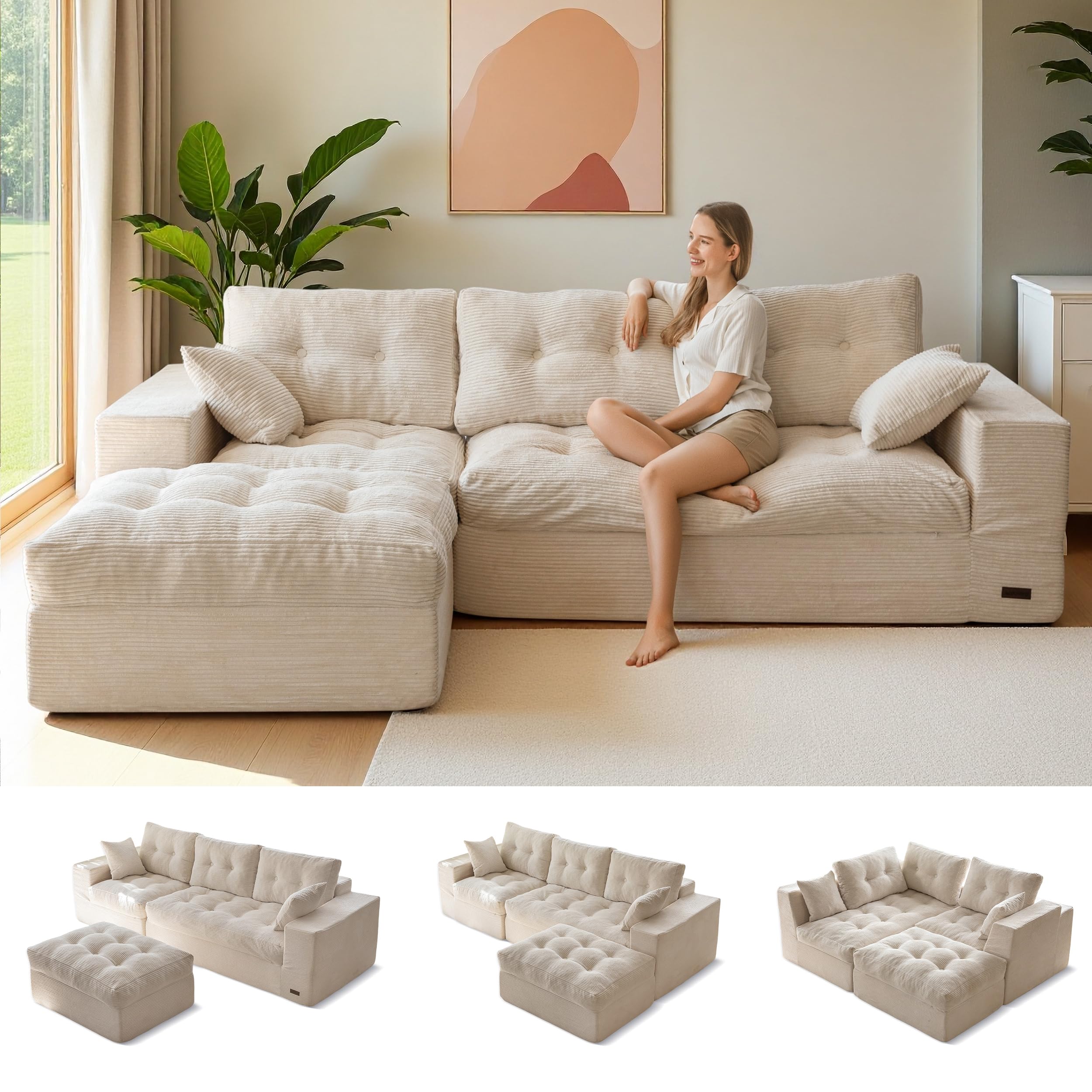 MAXYOYO Boneless Couch 96 Inch L-Shaped Cloud Couch with Ottoman