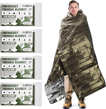 SecuCaptain Survival Emergency Thermal Blankets Extra Large 84 x63 Space Mylar Blanket Kit for Outdoor Cold Winter Camping Hiking Car Bug Out Bag or First Aid - 4 Pack Amygreen