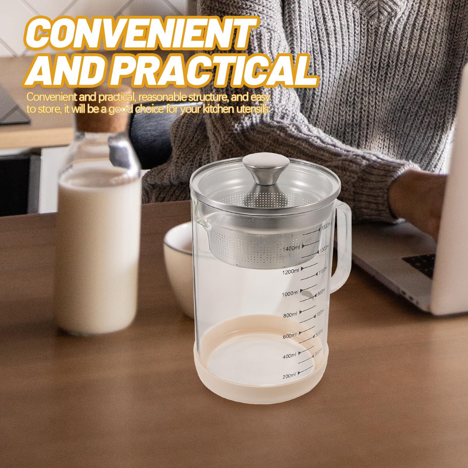 Housoutil Glasfilterkanne 1500 Ml mit Edelstahlfilter für Sojamilch und Saft Hitzebeständiger Haushalts Saftbehälter aus Borosilikatglas Feinmaschiges Sieb für Tee und Kaffee