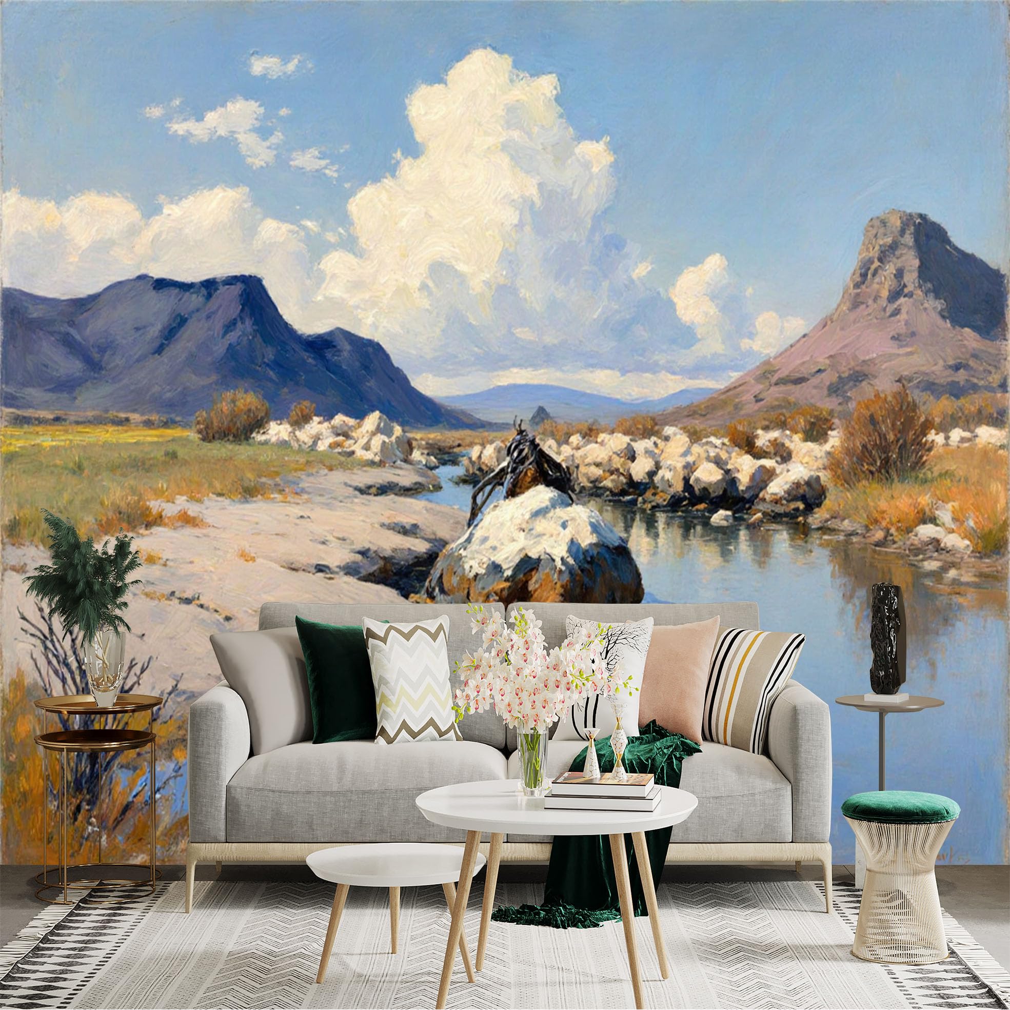 Lnzczhyre Xc260505127 Custom Size Wall Sticker Mural， Impressionist Oil Painting Of Desert River， Rocky Stream Landscape， Blue Sky With Clouds， For Wall Decoration， Peelandstick Wall Decals.