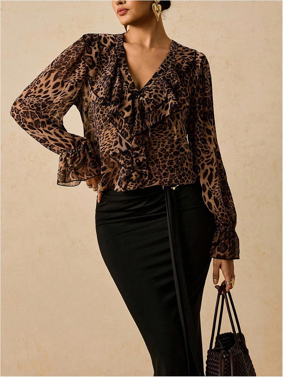 GORGLITTER Women's Plus Size Cheetah Print Tops Ruffle Long Sleeve Button Down Shirt Trendy Fall Blouses - Image 4