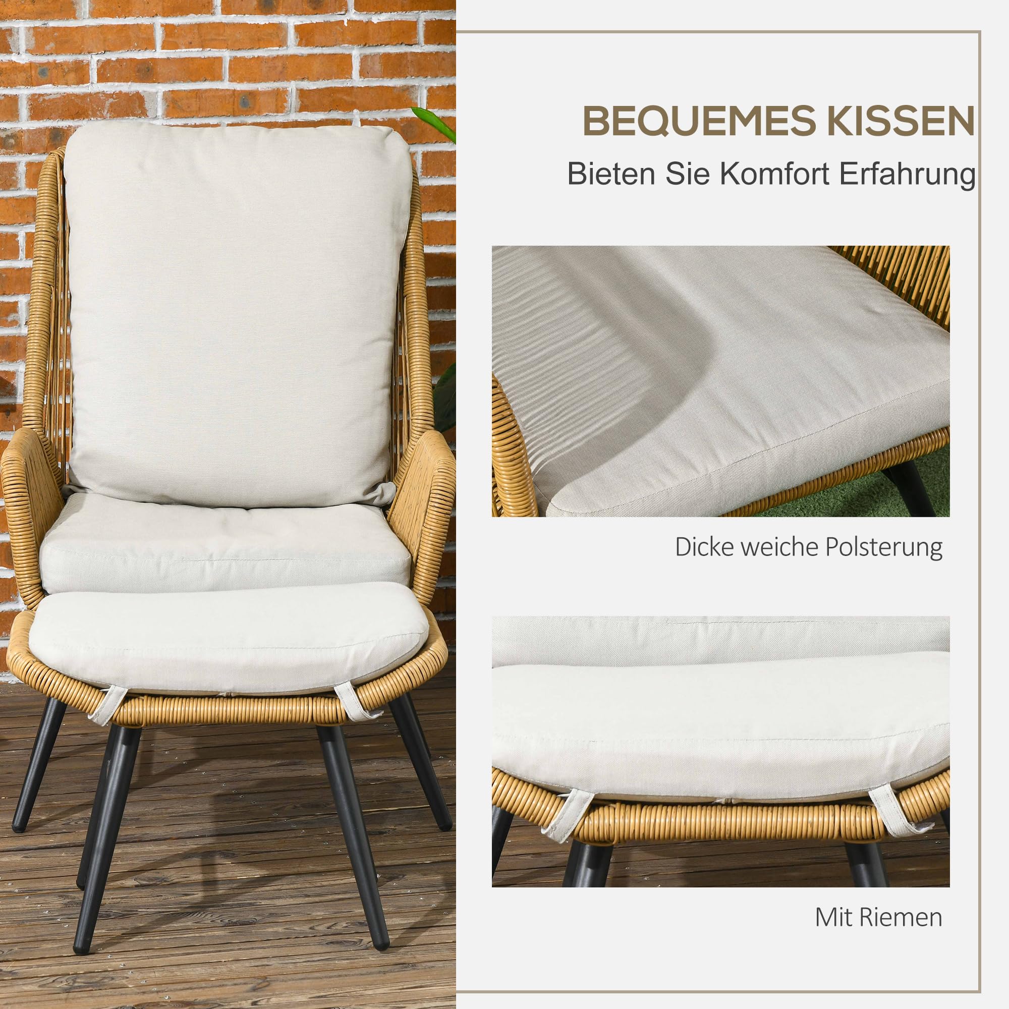 Outsunny Rattan fotel relaksacyjny z podnóżkiem, fotel ogrodowy z regulowanym oparciem, krzesło rattanowe z poduszką, do ogrodu, na balkon, stal, poliester, naturalny