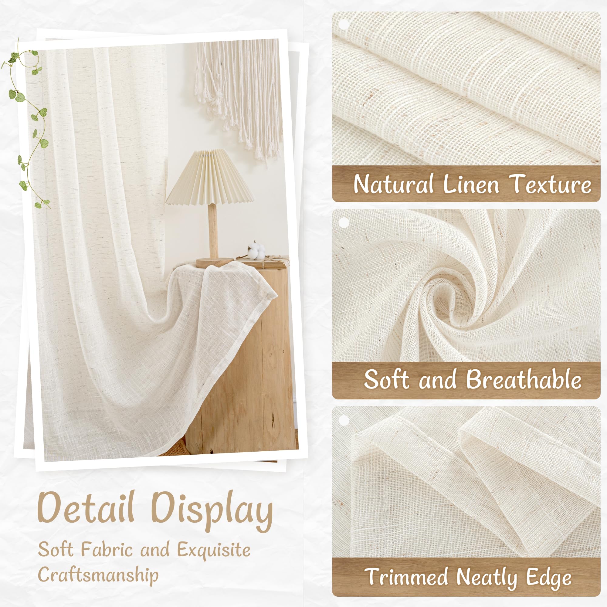 LAMIT Natural Linen Semi Sheer Curtains 84 Inches Long 2 Panels, Living Room Linen Textured Light Filtering Drapes Back Tab and Rod Pocket Neutral Window Panels for Bedroom/Sliding Door, 52 x 84 Inch — view 6