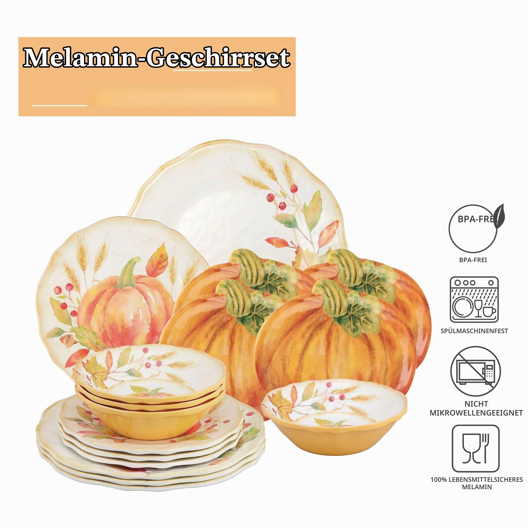UP 16-teiliges Kürbis-Melamin-Geschirr-Set, Outdoor-Geschirr-Set, Teller und Schüsseln, Herbst-Thanksgiving-Dekorationen, Service für 4, Orange