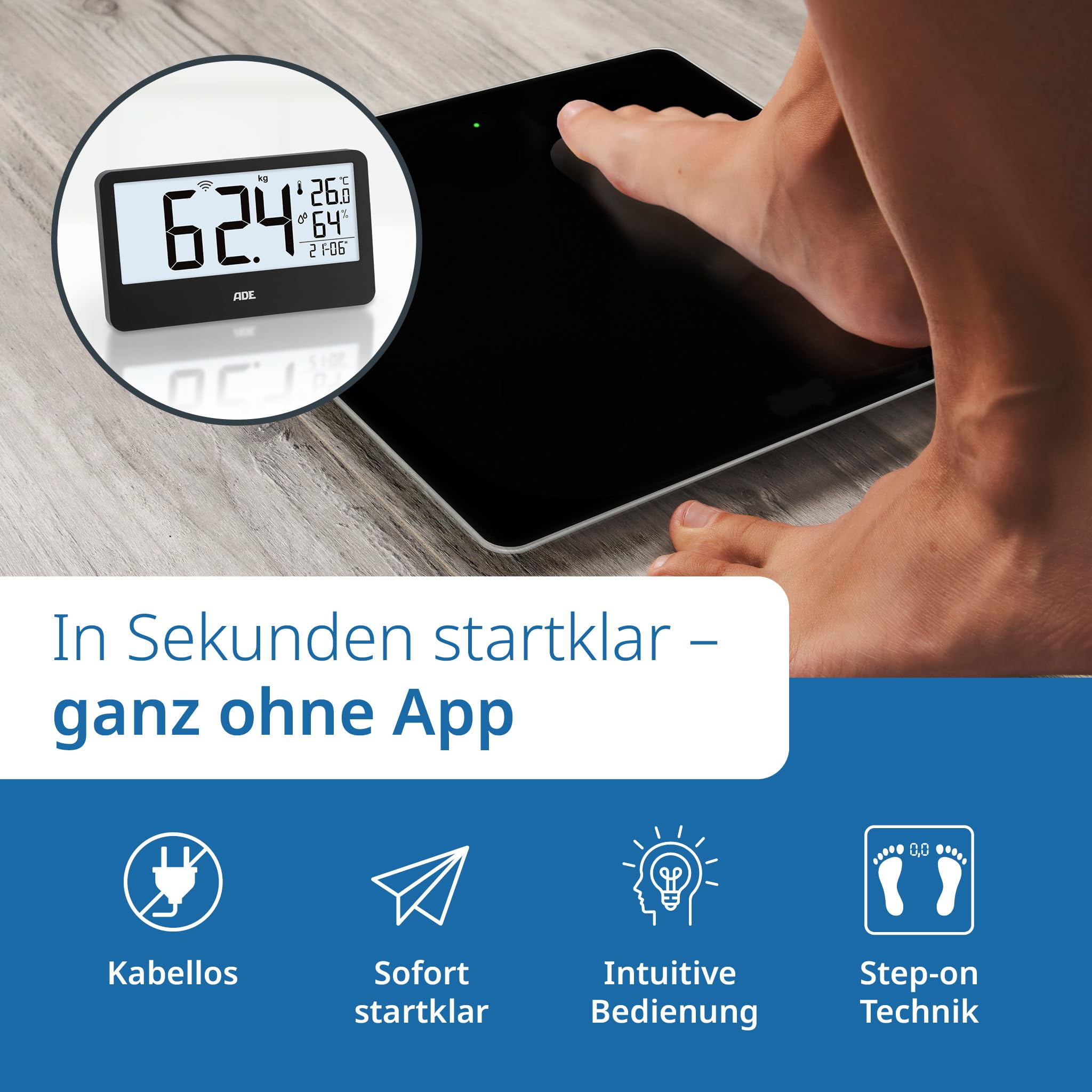 ADE Digitale Personenwaage Ronja mit Funk-Display bis 180 kg | ohne Bücken auf Augenhöhe ablesen | ideale Körperwaage für Senioren | mit Baduhr, Hygrometer, Innenthermometer | schwarz