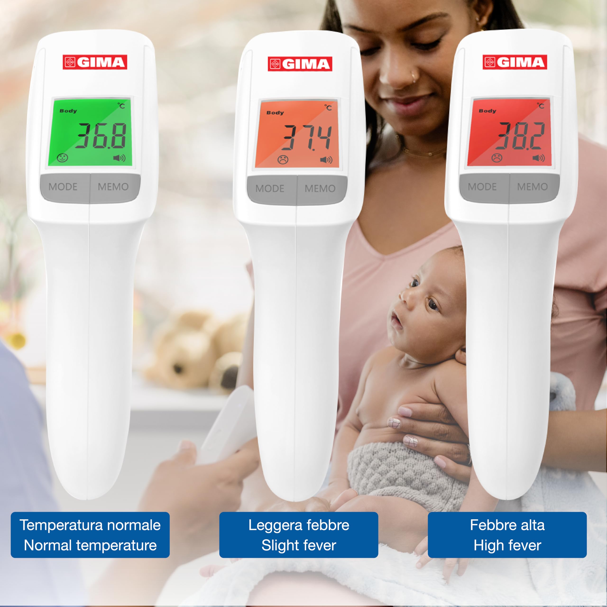 GIMA - GIMATEMP, Termometro Febbre Infrarossi, Termoscanner per Febbre e Termometro Frontale, Senza Contatto, Contact Less, per Corpo e Superfici o Oggetti, per Neonati, Bambini e Adulti, IT,DE,PT,SE