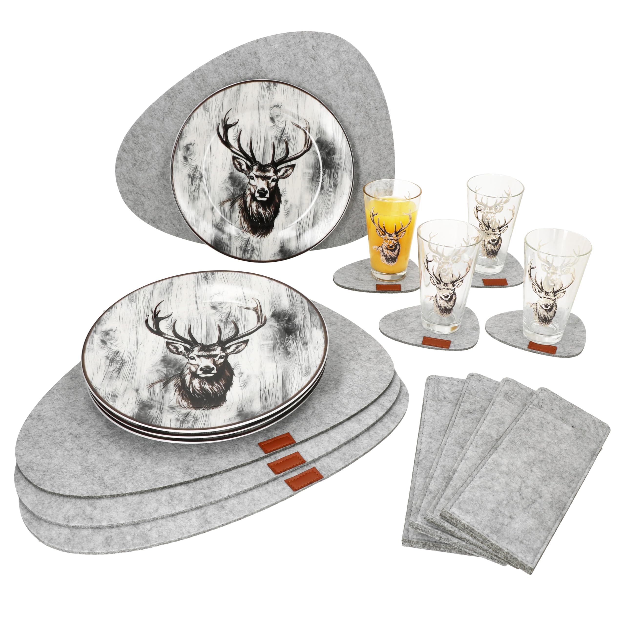 MamboCat Alois - Set da 20 pezzi, 4 piatti, bicchieri, tovagliette, sottobicchieri e portaposate in feltro, per 4 persone, decorazione da tavolo