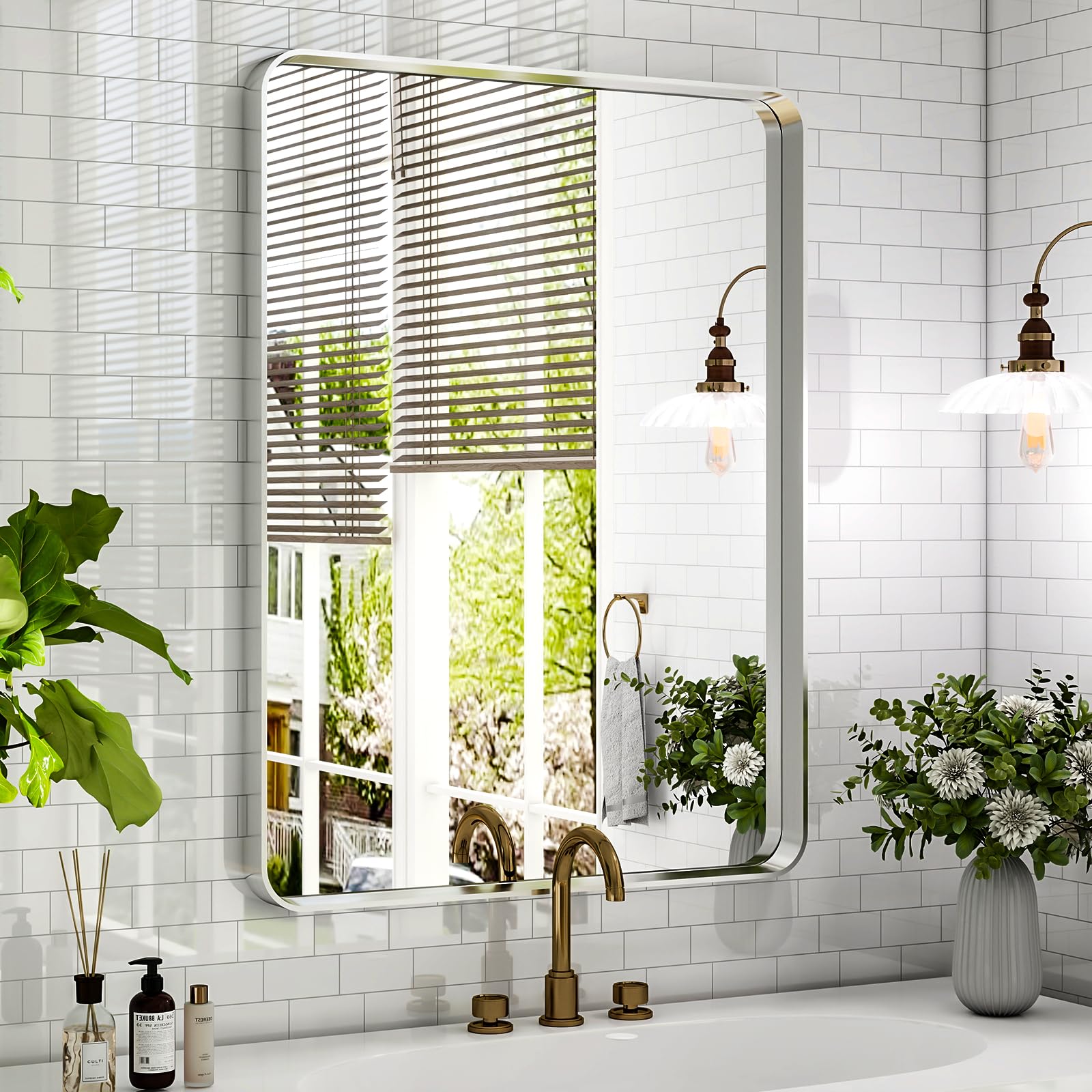 VETROVUE Silver Bathroom Mirror for Wall, 32"x24" Inch Rounded Rectangle Mirror with Metal Framed, Modern Vanity Mirrors for Bedroom, Living Room, Hanging or Leaning Horizontal or Vertical