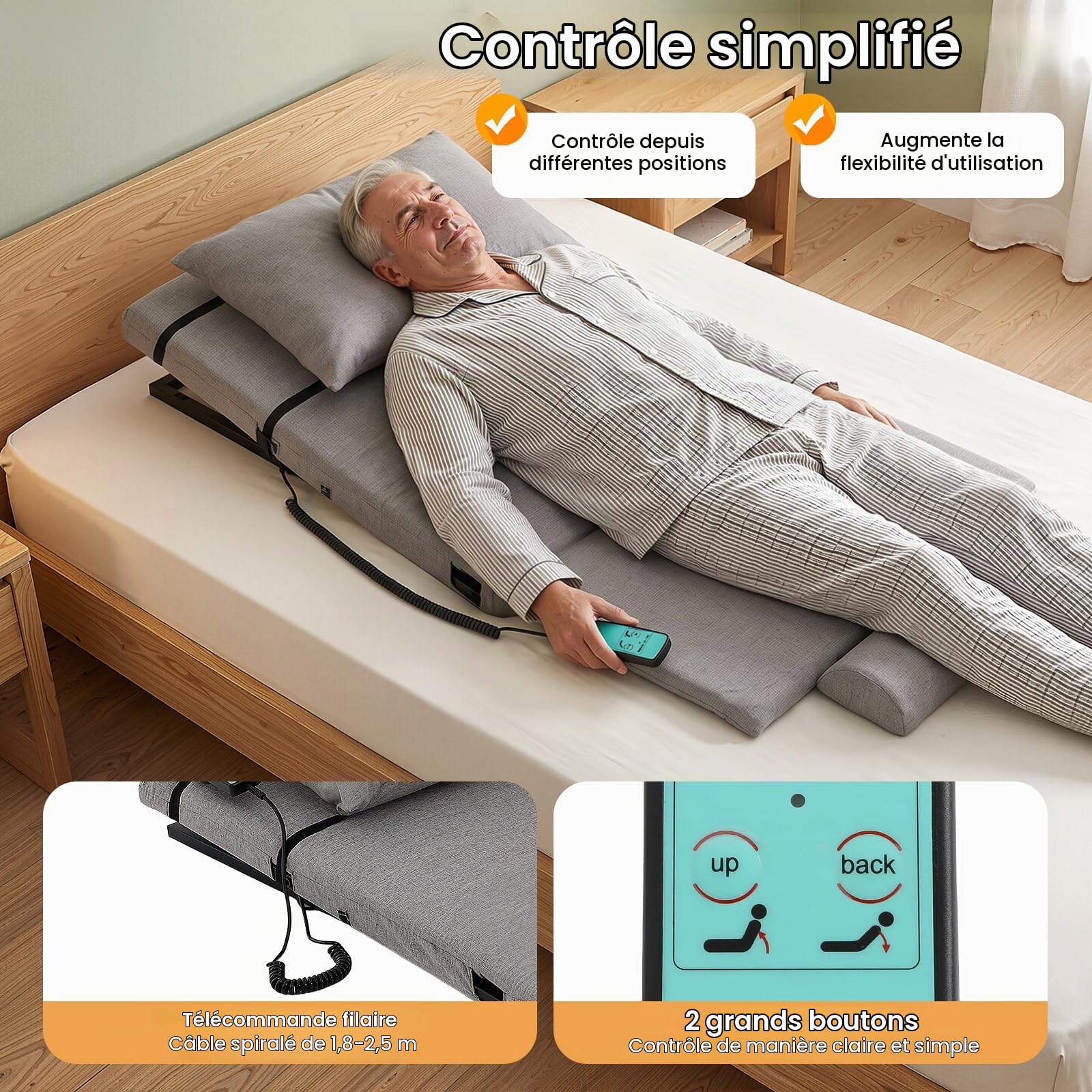Dossier relevable électrique avec télécommande, 2 à 80 °, charge maximale 300 kg, dossier de lit élévateur avec oreiller, gris