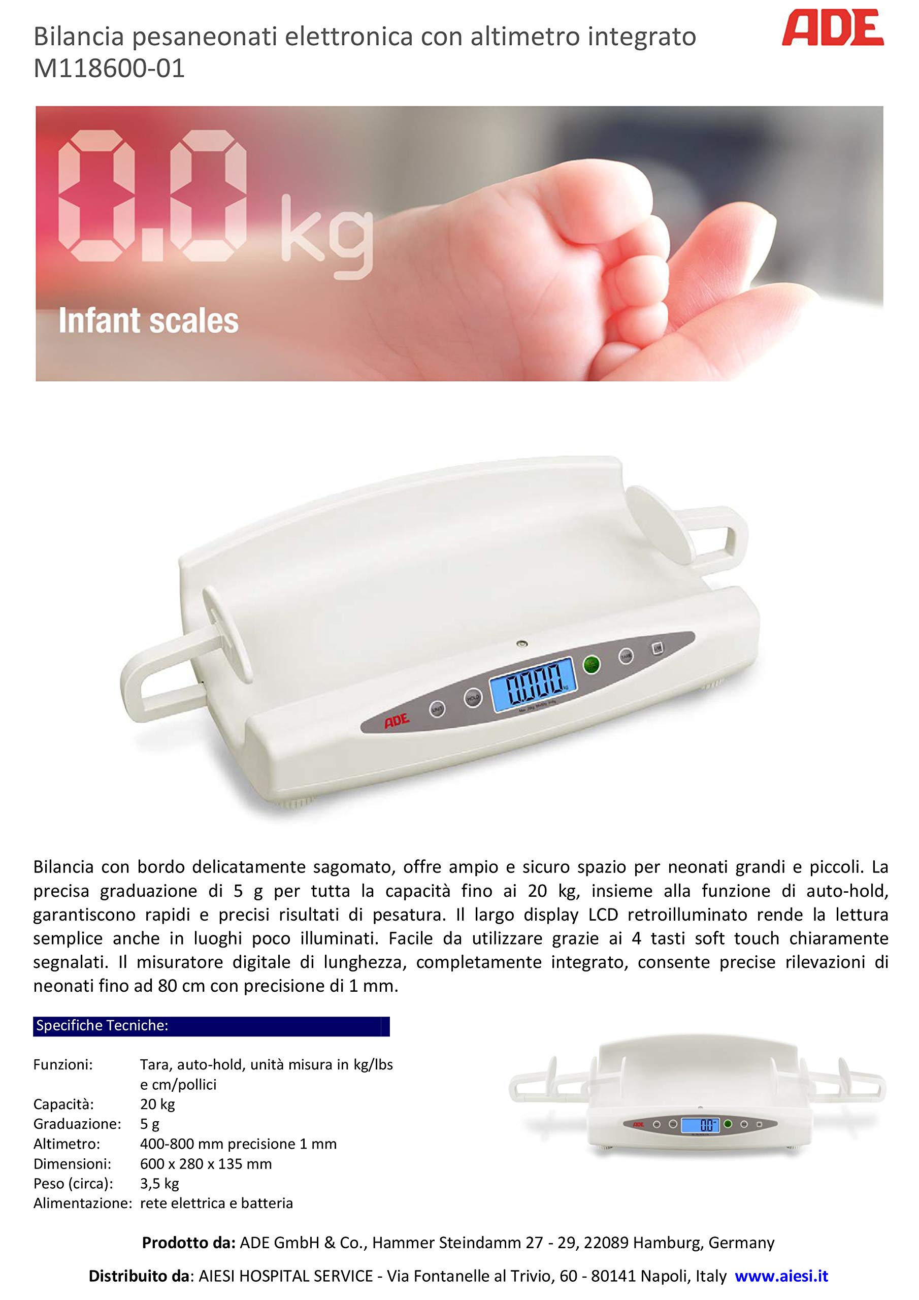ADE M118600-01 profesjonalna cyfrowa waga niemowlęca ze zintegrowanym wzrostem 20 kg, 24-miesięczna gwarancja