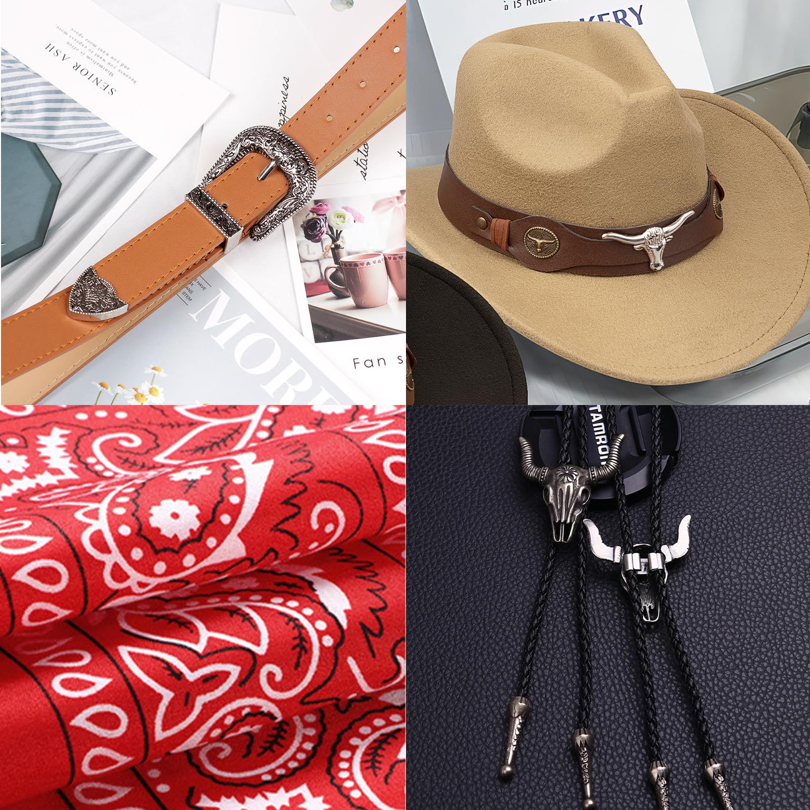 Kaxtde 5 Pcs Western Cowboy Outfits for Men Cowboy Fancy Dress Costume Set including Vest Hat Bandana Belt Buckle Necklace for Stag Do Wild West Party Halloween Cosplay - Image 4