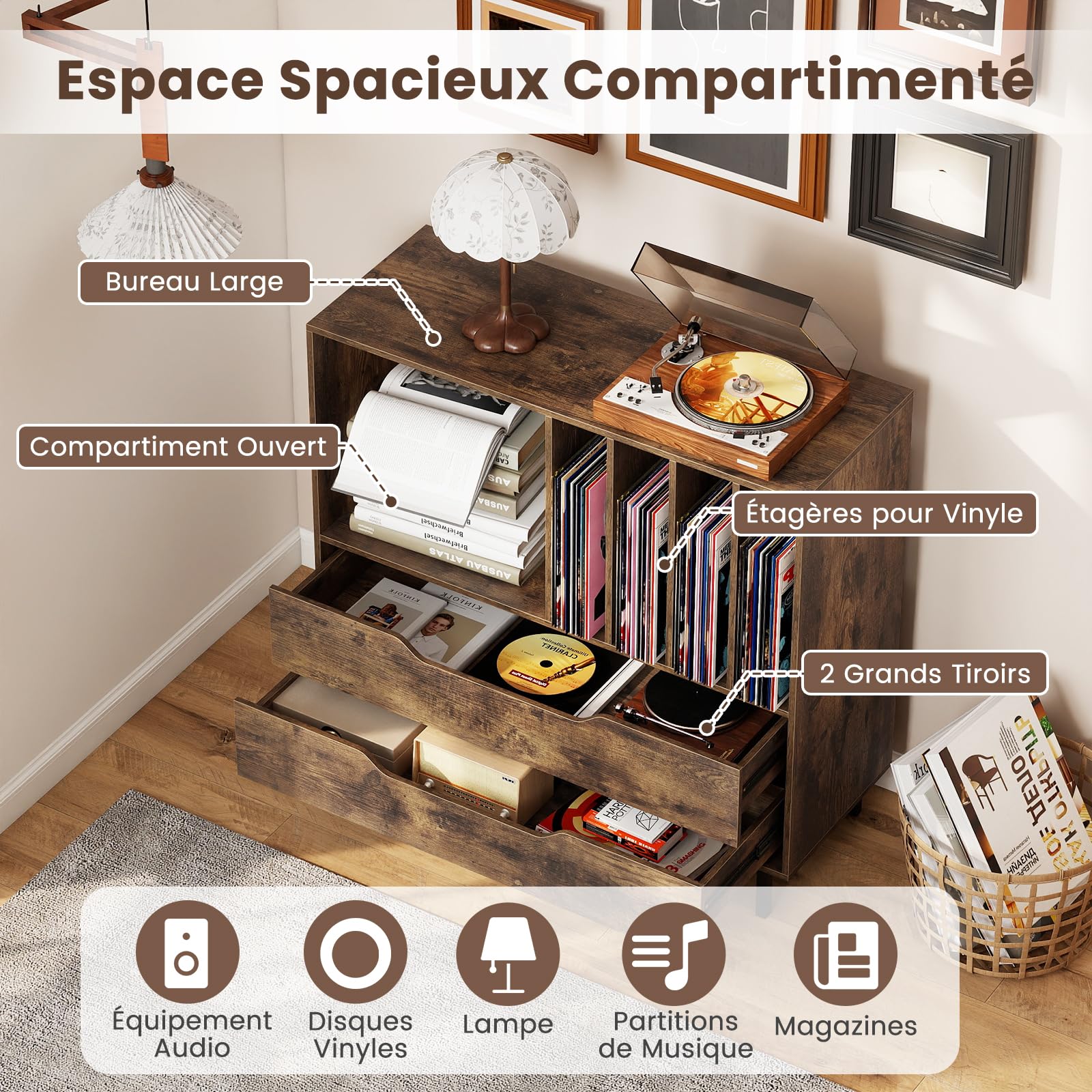 GOPLUS Meuble Platine Vinyle 4 Niveaux pour 300 Albums Disques, 91 x 36 x 87 CM, Support Tourne Disque Vinyle avec 2 Tiroirs, Compartiment Ouvert, Cadre Métal, Idéal pour Chambre, Salon, Studio (Café)