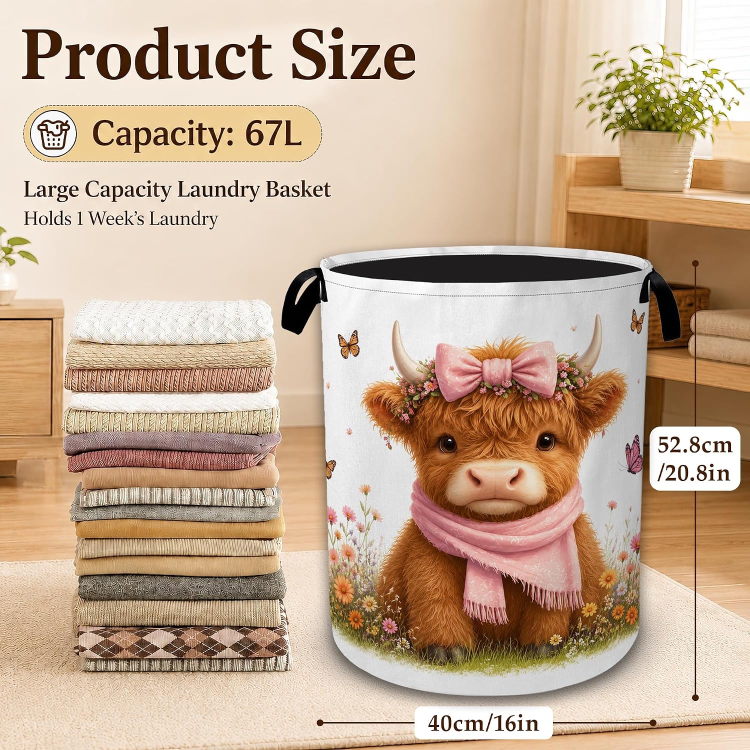 Cute Highland Cow Bow Collapsible Laundry Hamper for Bedroom, Freestanding Oxford Clothes Basket, Large Foldable Storage Bin with Easy-Carry Handles for Bathroom Dorm Laundry Room image 2