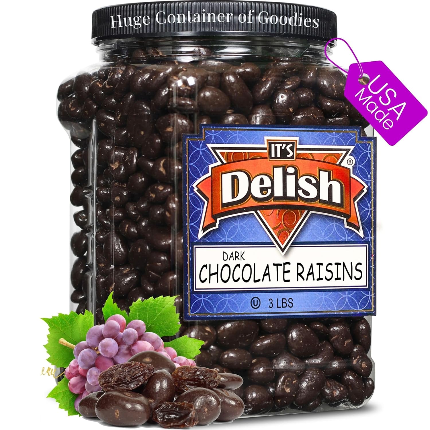 Gourmet Dark Chocolate Covered Raisins by It's Delish, 3 LBS Jumbo Container | Dark Chocolate Raisins Candy Snack for Parties or Holiday Events and Healthy Snacking | USA Made, Vegan, Kosher