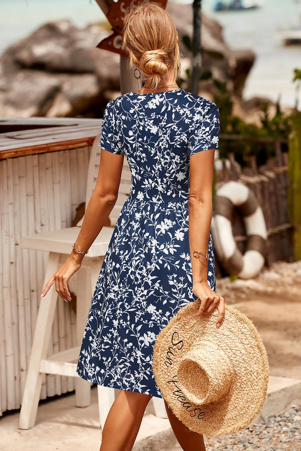 Newshows Robe d'été à manches courtes et col en V pour femme - Motif floral décontracté - Robe d'été mi-longue avec poches