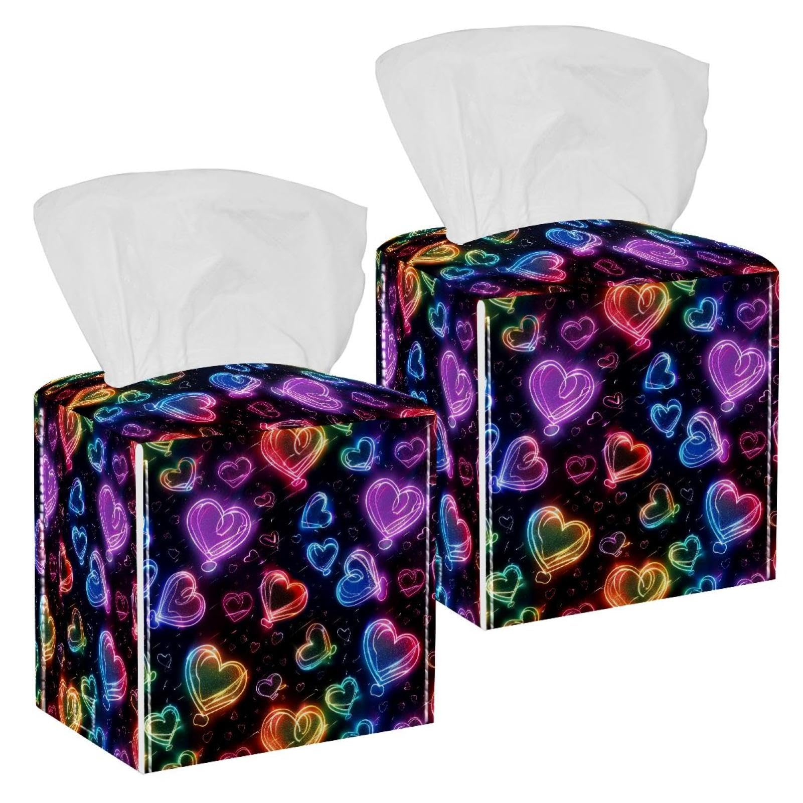 Hearts Tissue Box Cover, 2 Pack PU Leather Square Facial Tissue Dispenser Box holder for Home Office Car