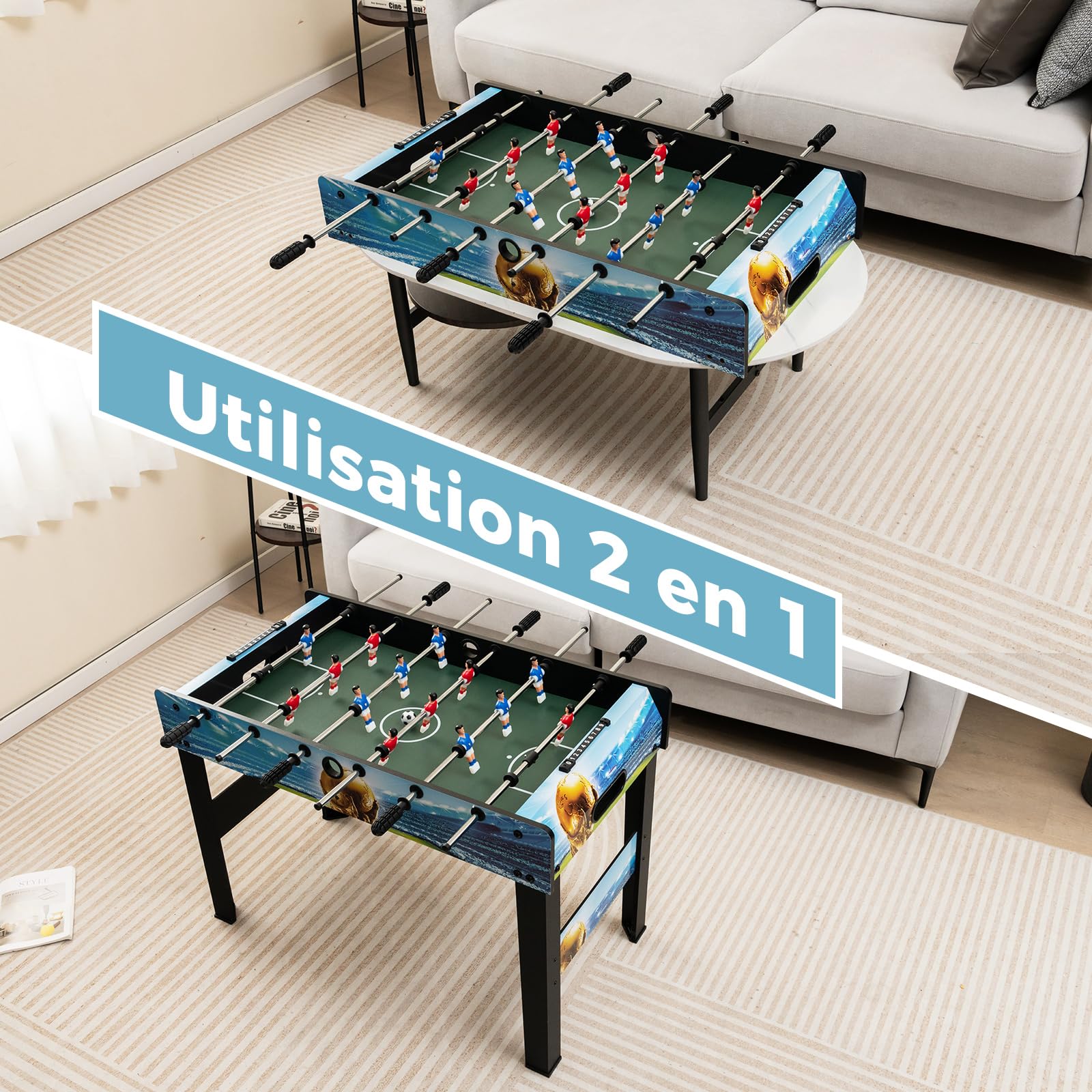 COSTWAY 2 en 1 Table de Baby-Foot avec 14 Joueurs & 2 Ballons, Table de Jeu avec Gardien de Score, Patins Antidérapantes, Jouet d'arcade pour Adulte Enfant pour Fête Bar Salle de Jeux
