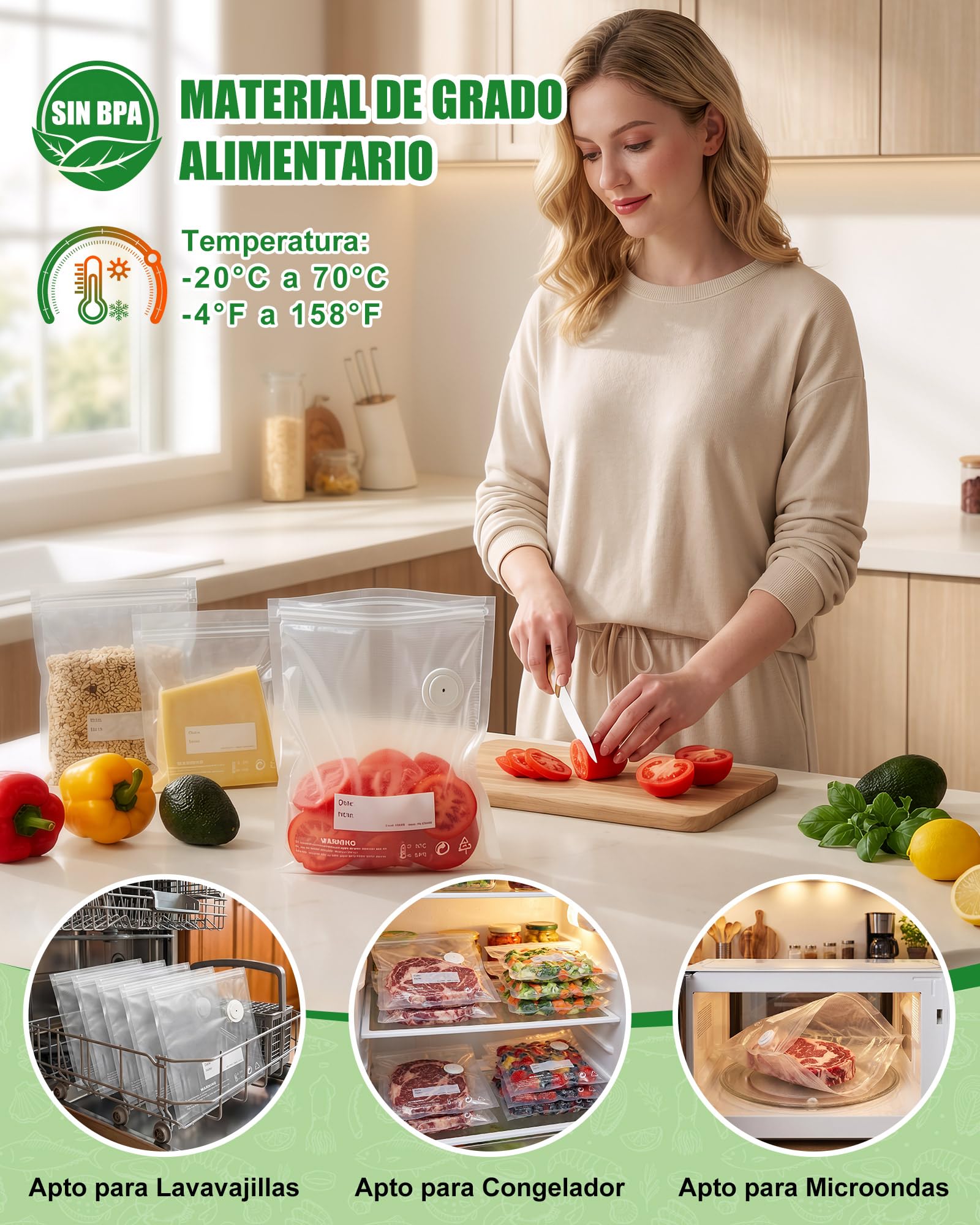 Babacom 30PCS Bolsas Vacio Alimentos Reutilizables para Envasadora al Vacío con Válvula de Aire y 10 Pinzas–Mediano (26x28cm), sin BPA,Mantienen Frescura para Congelador,Microondas y Cocción Sous Vide