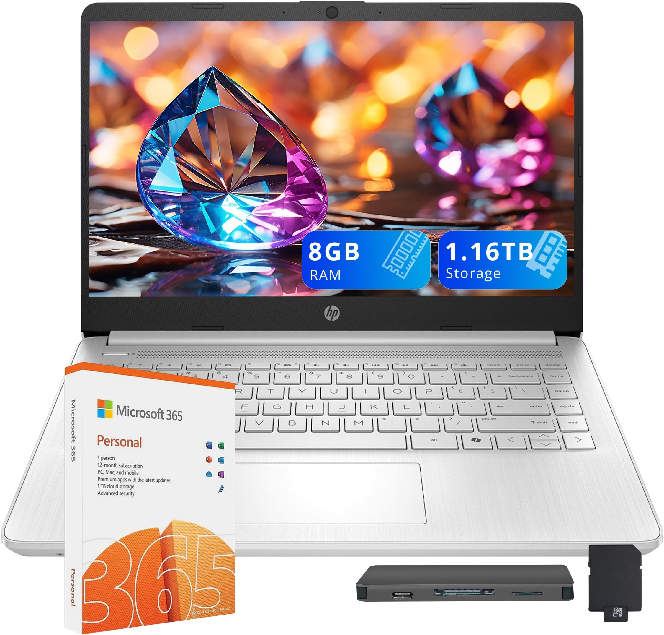 HP Stream 14" HD Laptop for Student & Business, Intel Processor N150, 8GB RAM, 1.16TB Storage (128GB UFS+1TB Docking Station Set), Intel Graphics, 1 Year Office 365, Copilot, Wi-Fi 6, Win 11 S, Silver