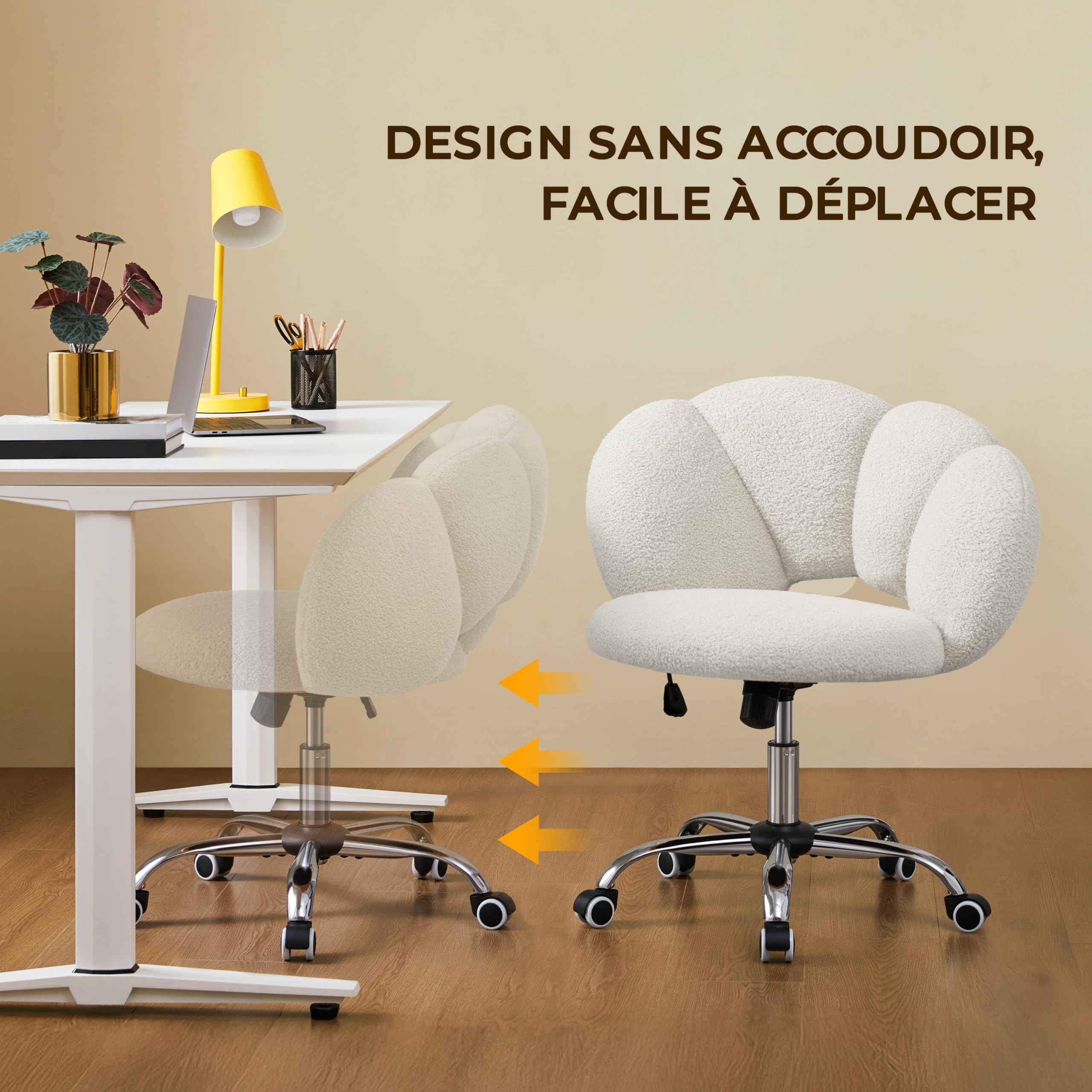 Yaheetech Chaise de Bureau Coiffeuse Pivotante avec Dossier Confort en Nuage Hauteur réglable Fauteuil Maquillage Respirant pour Bureau, Salon, Chambre Capacité 136 kg Blanc Bouclé