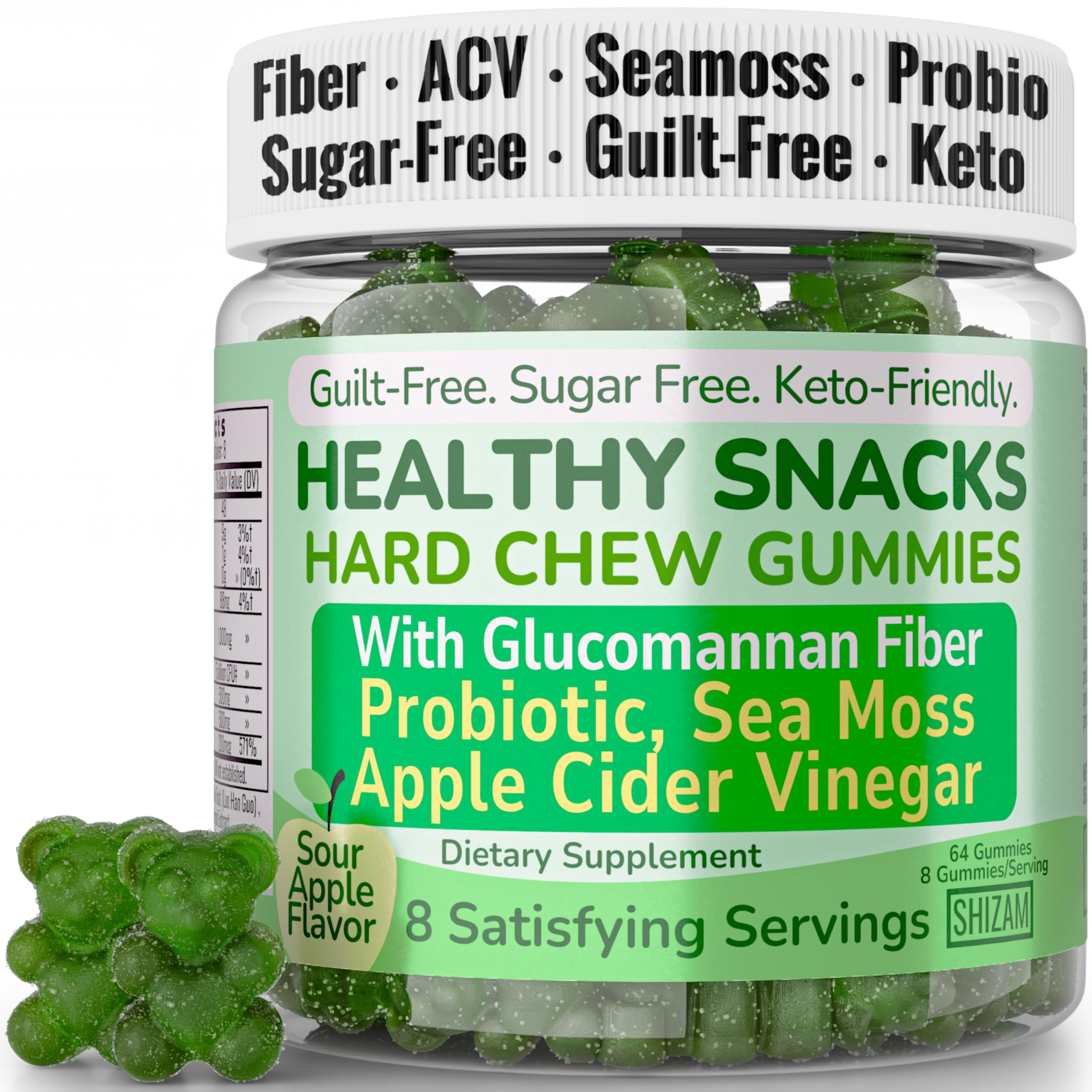High-Fiber Keto Snacks, Healthy Snack for Adults, Chromium Picolinate Seamoss ACV Gummies, Gluten Free No Sugar Low Calorie & Carb Prebiotic Fiber Gummy Snack Candy, Apple Cider Vinegar Irish Sea Moss