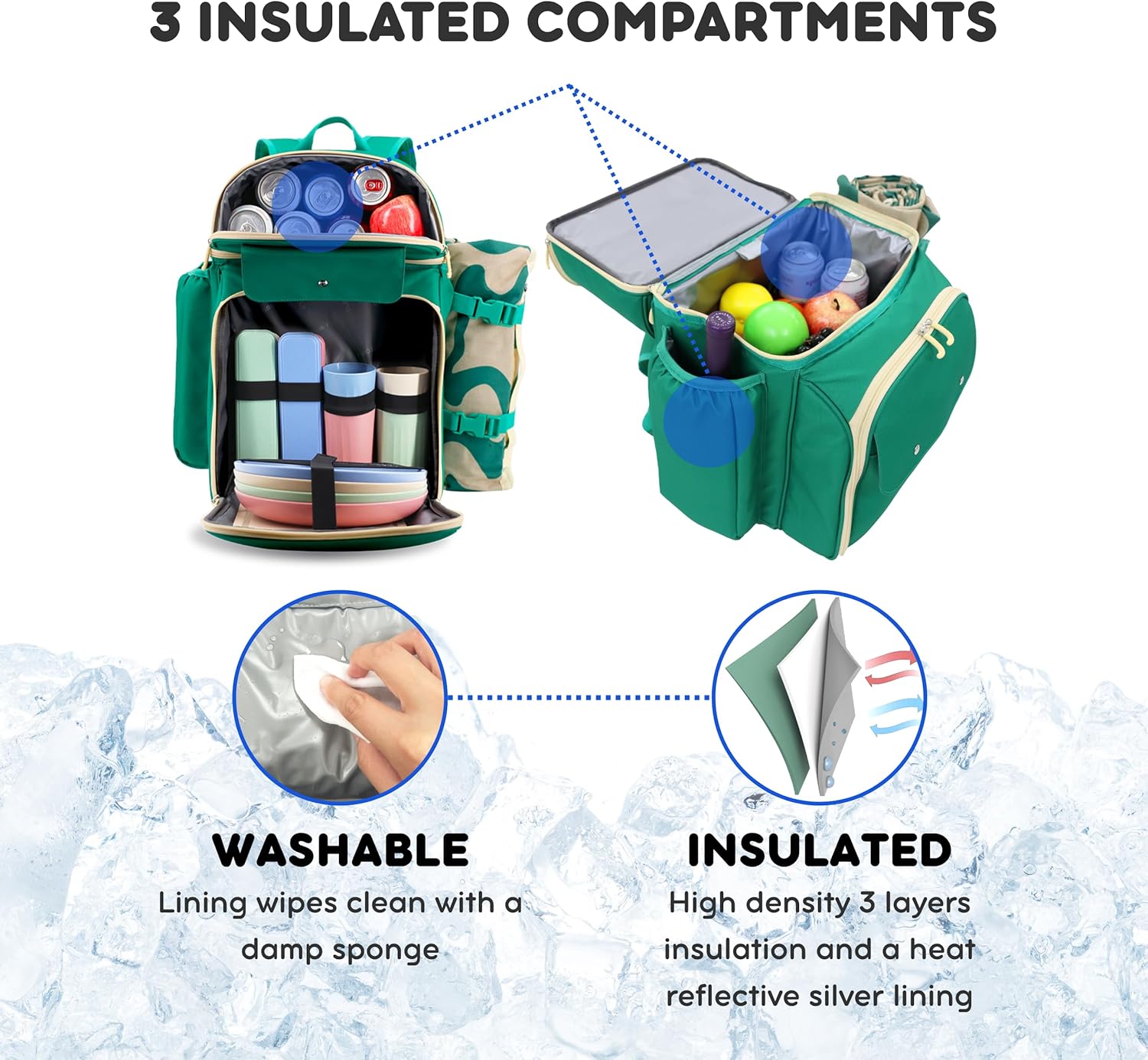 J World Picnic Backpack Cooler for 4. Insulated Picnic Basket Set with Folding Waterproof Blanket. Beach Camping Wedding Engagement Gift for Couples, Green