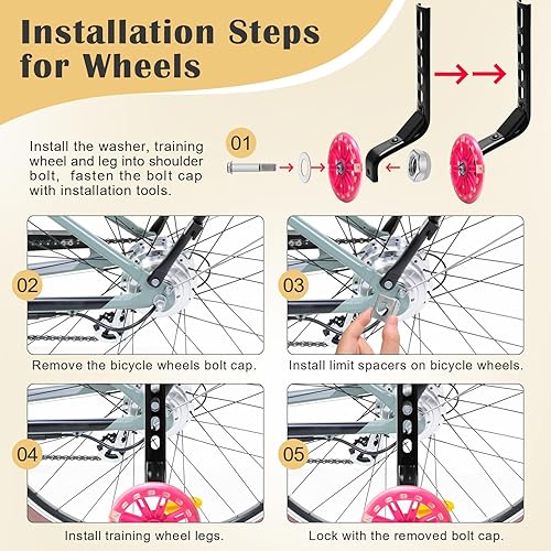 Miniatura 5 de Ruedas de entrenamiento de bicicleta para niños, ruedas de entrenamiento de bicicleta rosa para 12, 14, 16, 18, 20 pulgadas, ruedas de entrenamiento