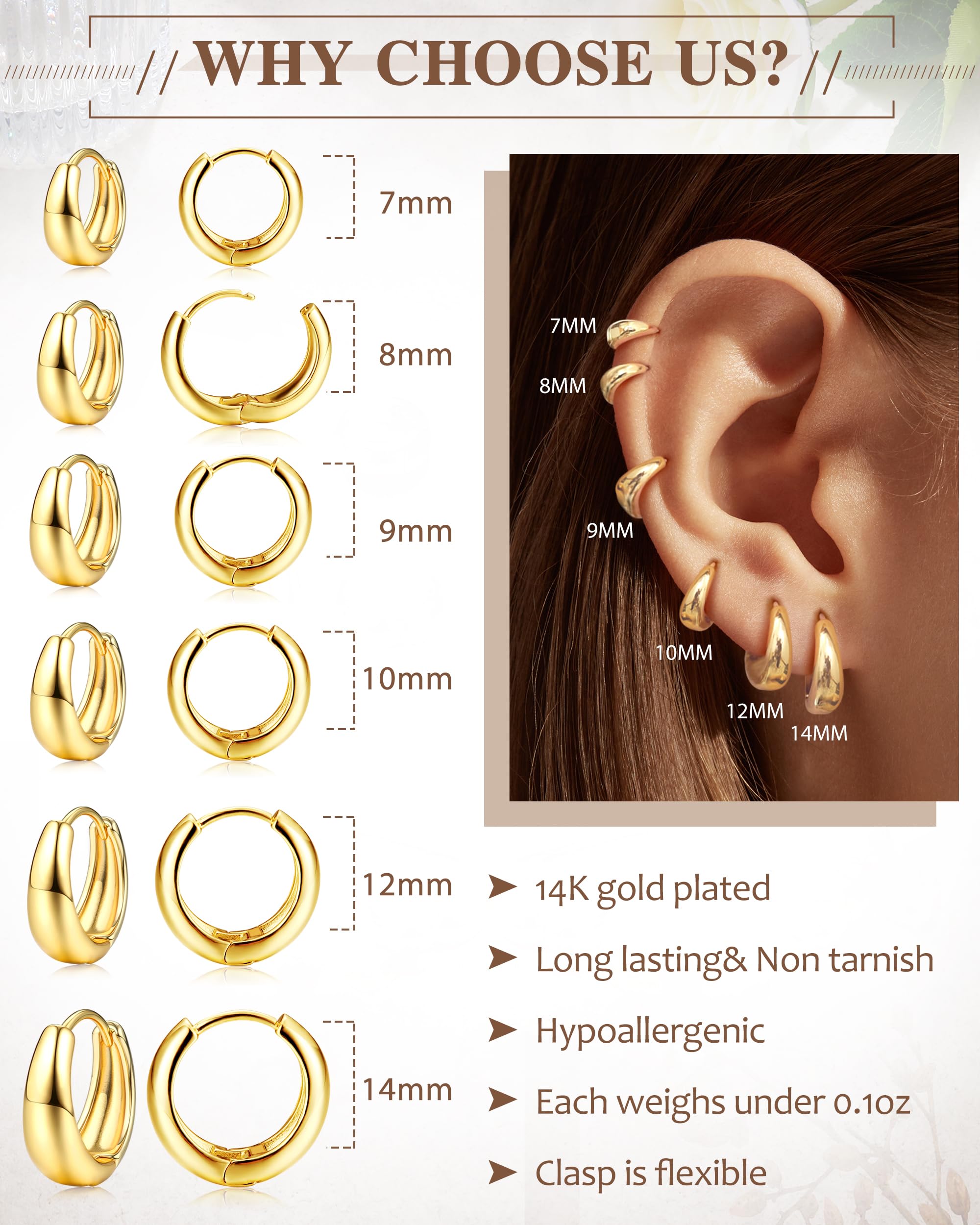 ORAZIO 6 Paia Orecchini Cerchio Donna Argento Oro Placcato 14K Anallergici Orecchini A Cerchio Donna Argento Piercing Orecchio Fori Multipli 7/8/9/10/12/14MM