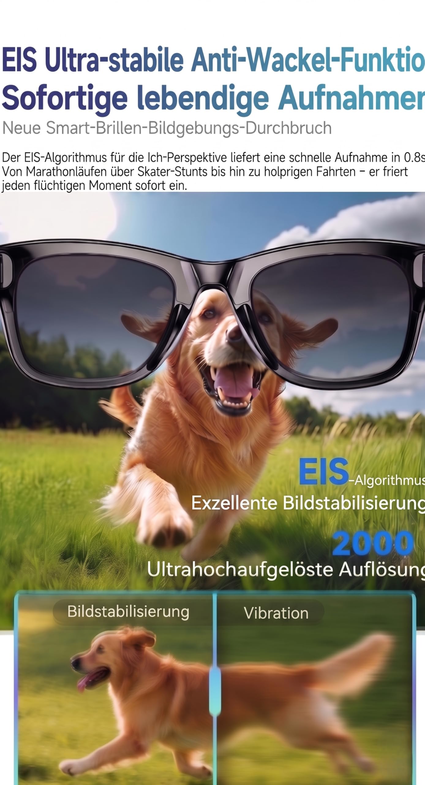 Smart Glasses con AI & Bluetooth, assistente vocale ChatGPT, protezione UV, Wi-Fi, traduzione in tempo reale in 89 lingue, fotocamera 2K, audio aperto, IP65 impermeabile, identificazione degli oggetti
