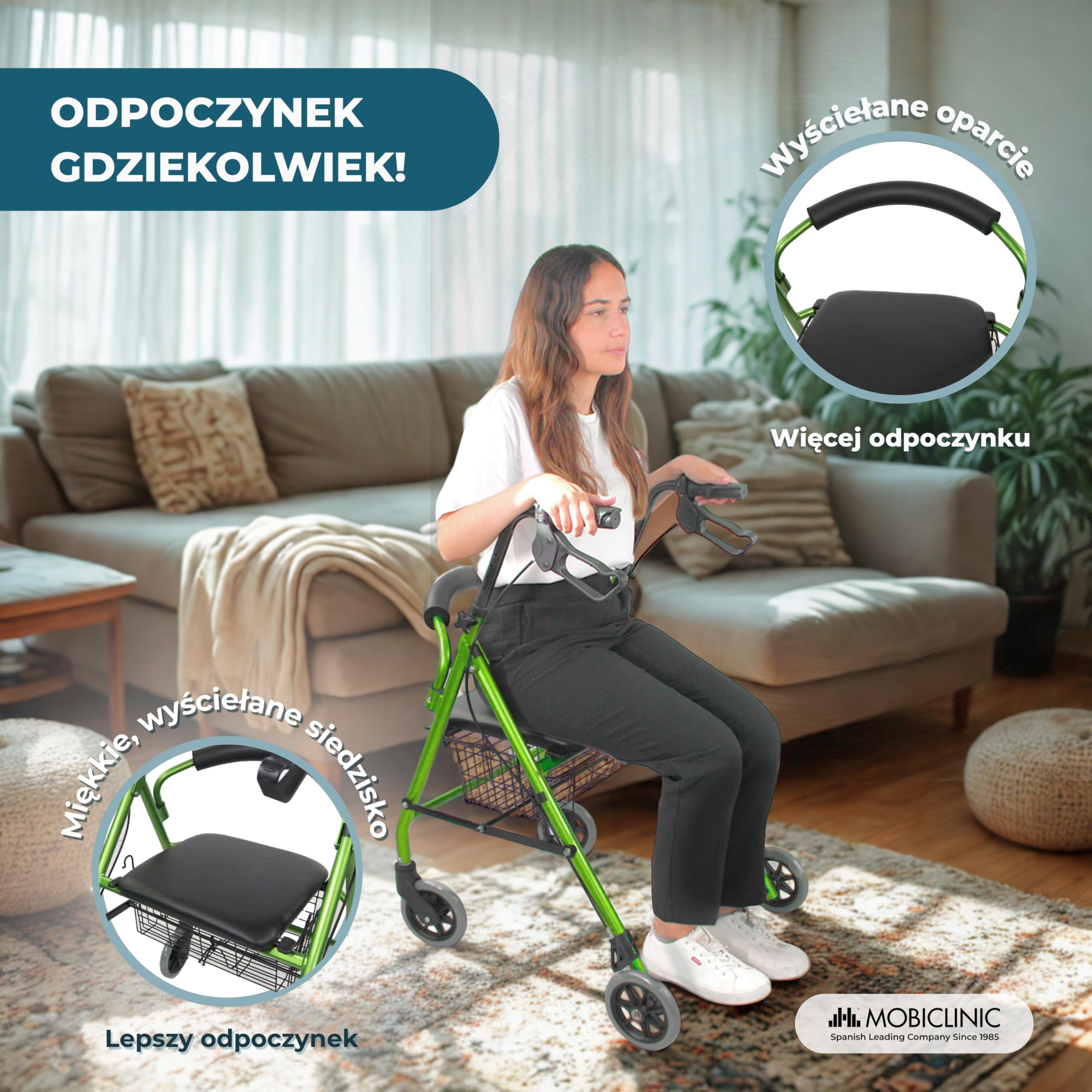 Chodzik | Składany | Aluminiowy | Hamulce na uchwytach | Siedzisko i oparcie | 4 koła | Zielony | Escorial | Mobiclinic