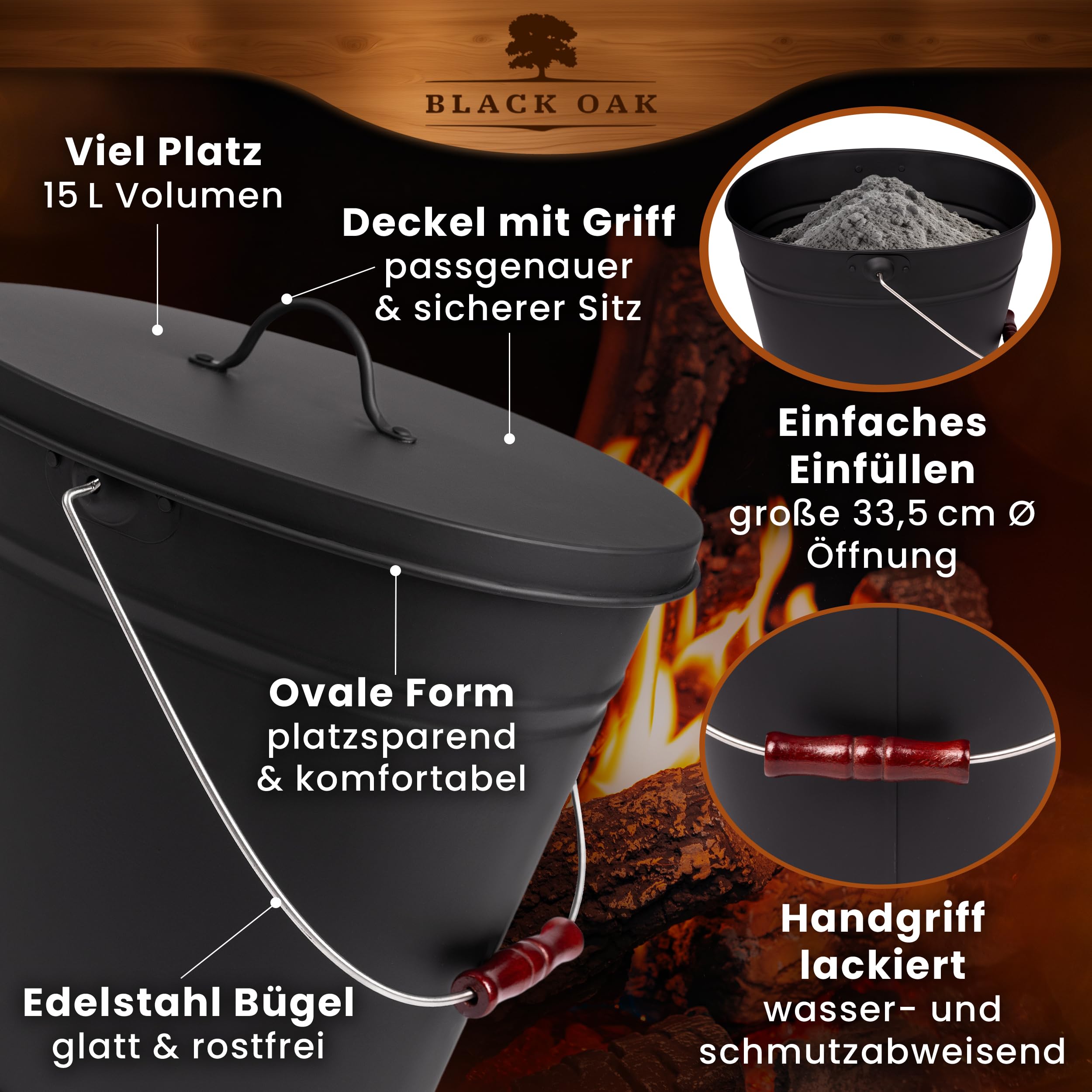 BLACK OAK Secchio per cenere Vesuvio 15L – nero ovale con coperchio - grande 15 litri - in acciaio resistente al fuoco zincato e verniciato a polvere, ideale per cenere e carbone, accessorio perfetto