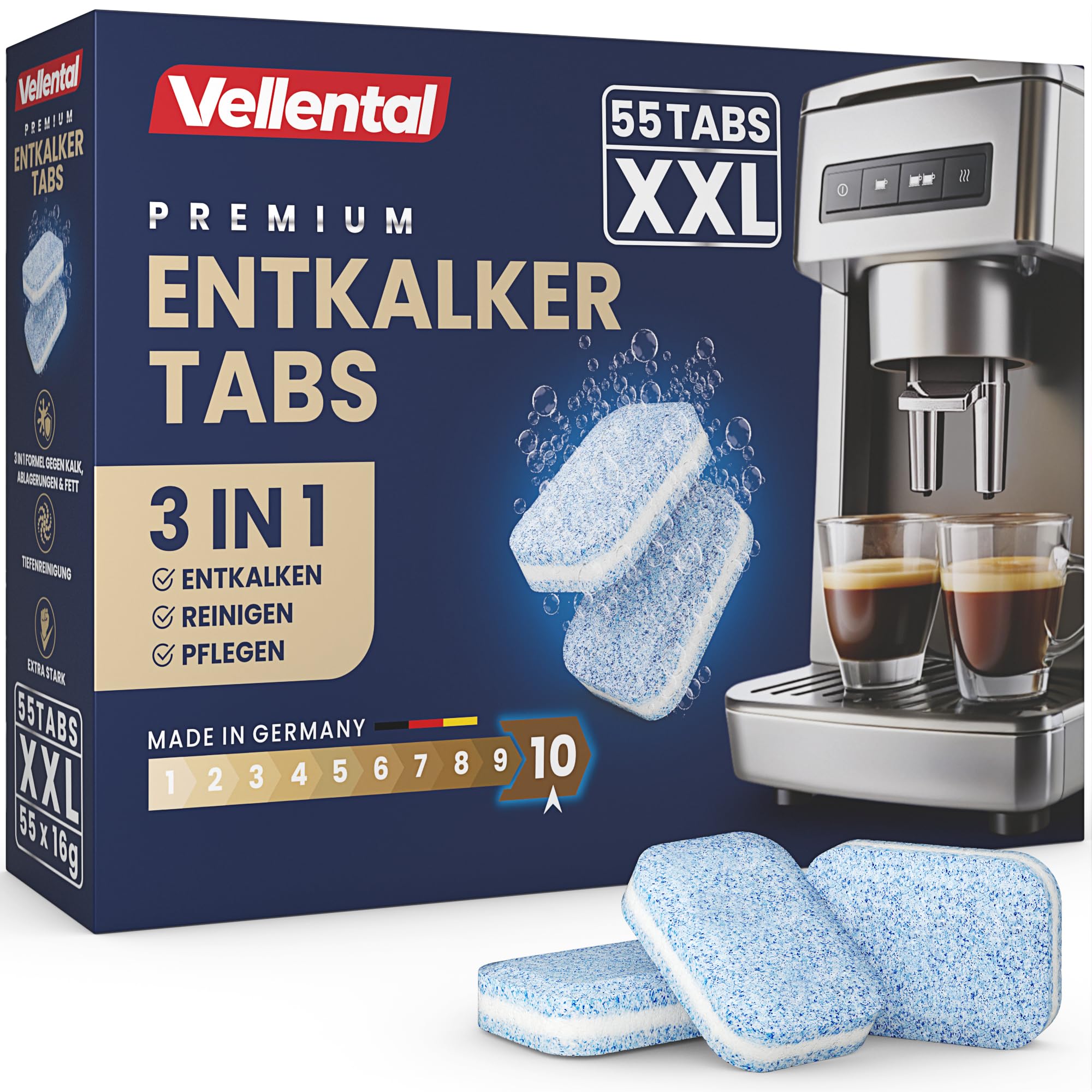 3-in-1 Entkalker für Kaffeevollautomaten & Kaffeemaschinen (55 Stück) - Entkalkungstabletten für Siemens EQ-Serie, Delonghi, Jura, Krups, Bosch, Miele, Melitta, Tassimo, WMF
