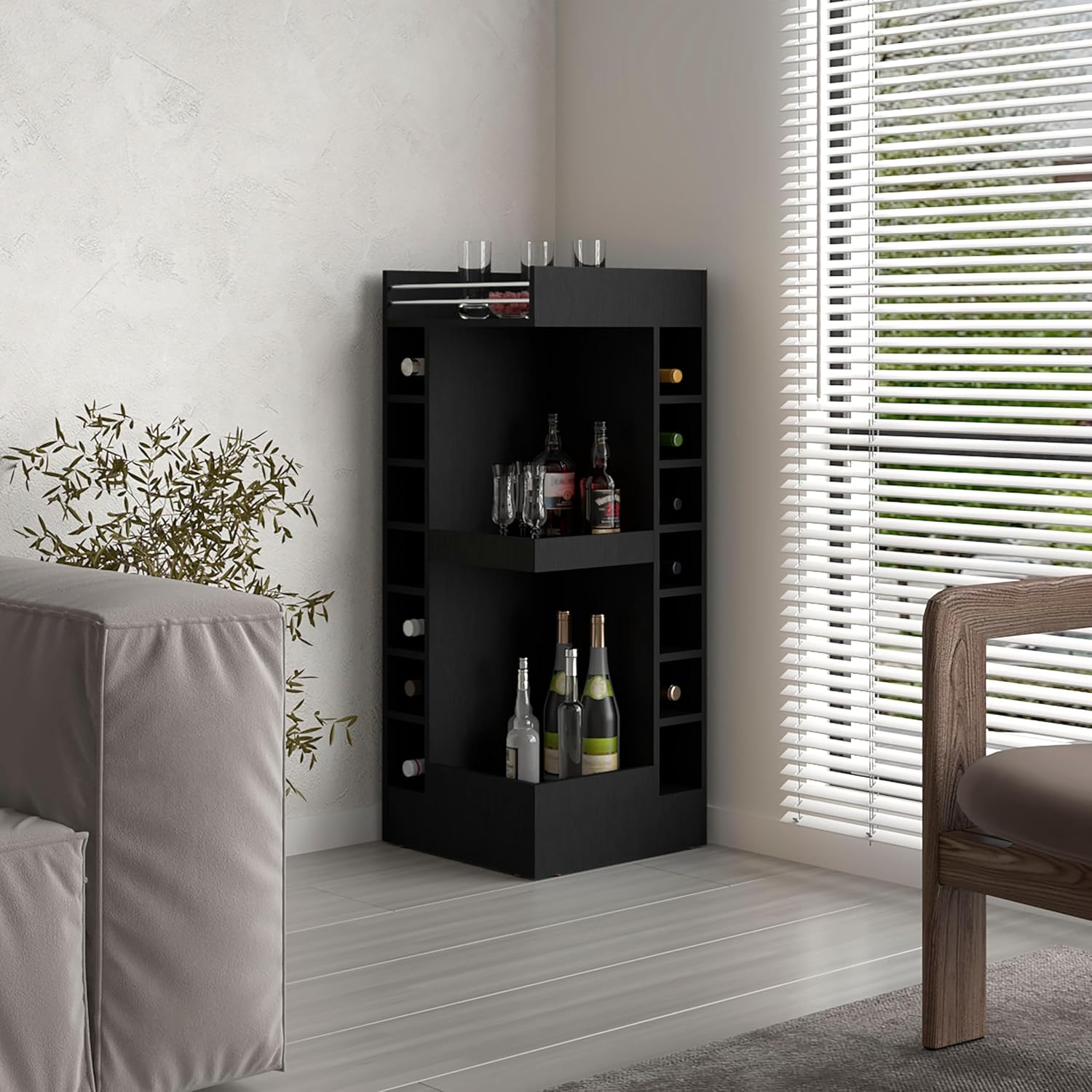 Tuhome Lyman 46" Tall Corner Bar Cabinet with Fourteen Wine Bottle Cubbies and Three-Tier Storage, Space-Saving Liquor Cabinet for Living Room or Dining Room, Modern Home Bar Organizer.