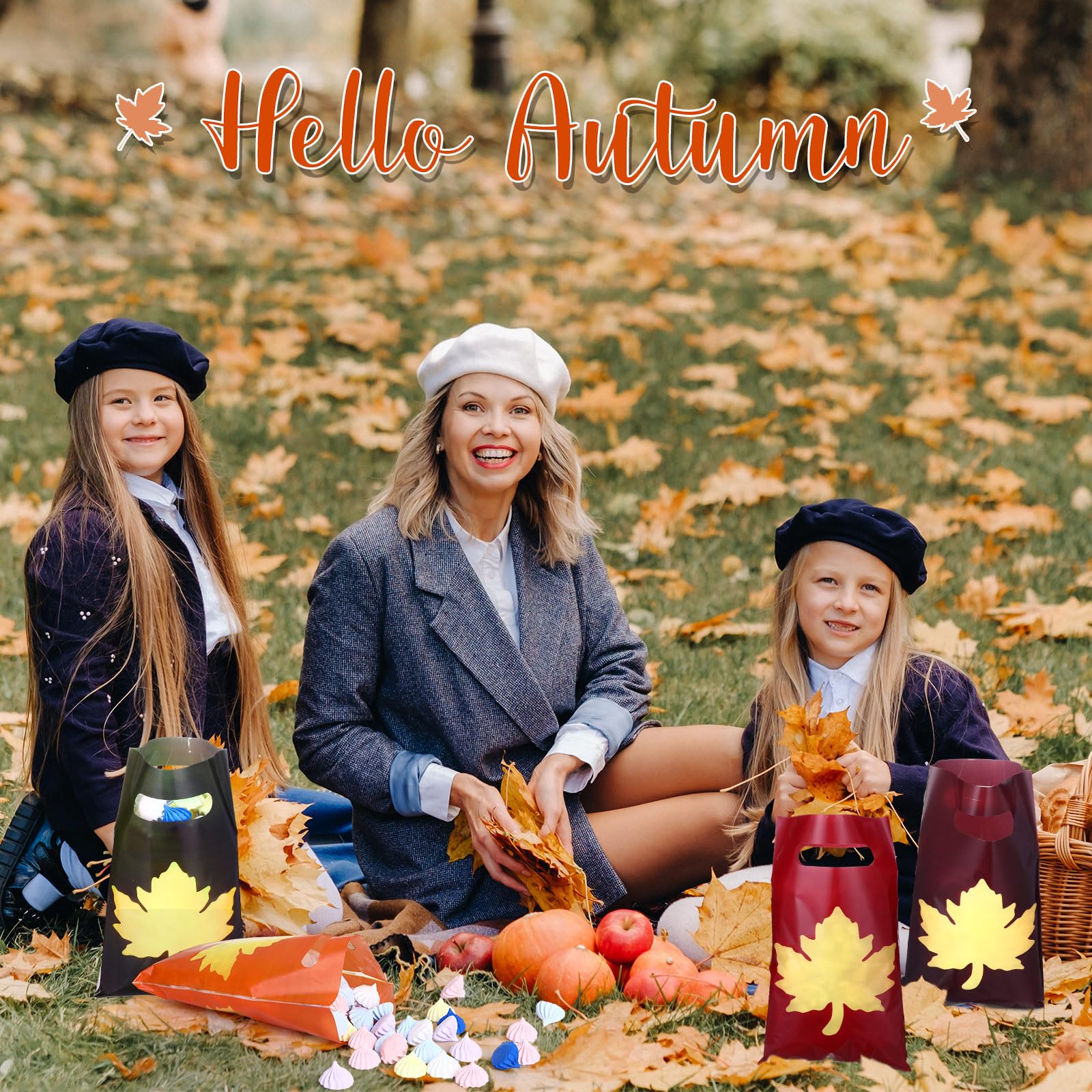 100 Pcs Autumn Maple Leaf Party Favor Bags - 8x11.8 Inch Plastic Treat Bags With Handles - View #7
