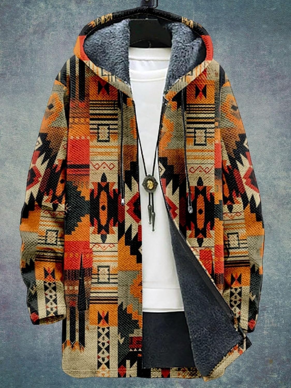 2025 Men's Ethnic Pattern Hooded Jacket Long Cardigan Hoodies Full Zip Vintage Knitted Zipper Coat with Pocket - Image 5