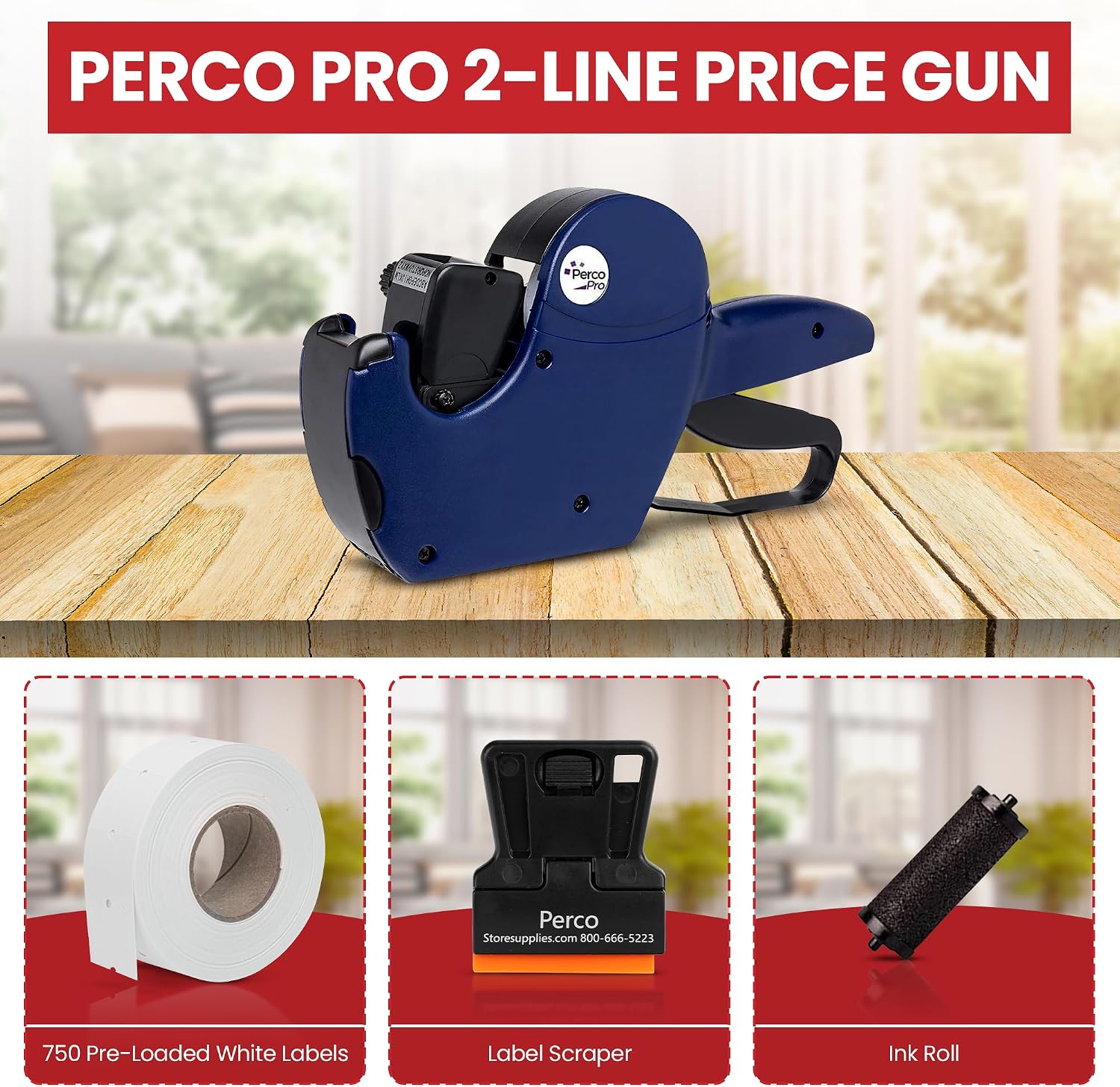 Perco Pro 2 Line Price Gun, 8 Digit 2 Line Price Label Gun Preloaded with Roll of 750 White Labels & Inker