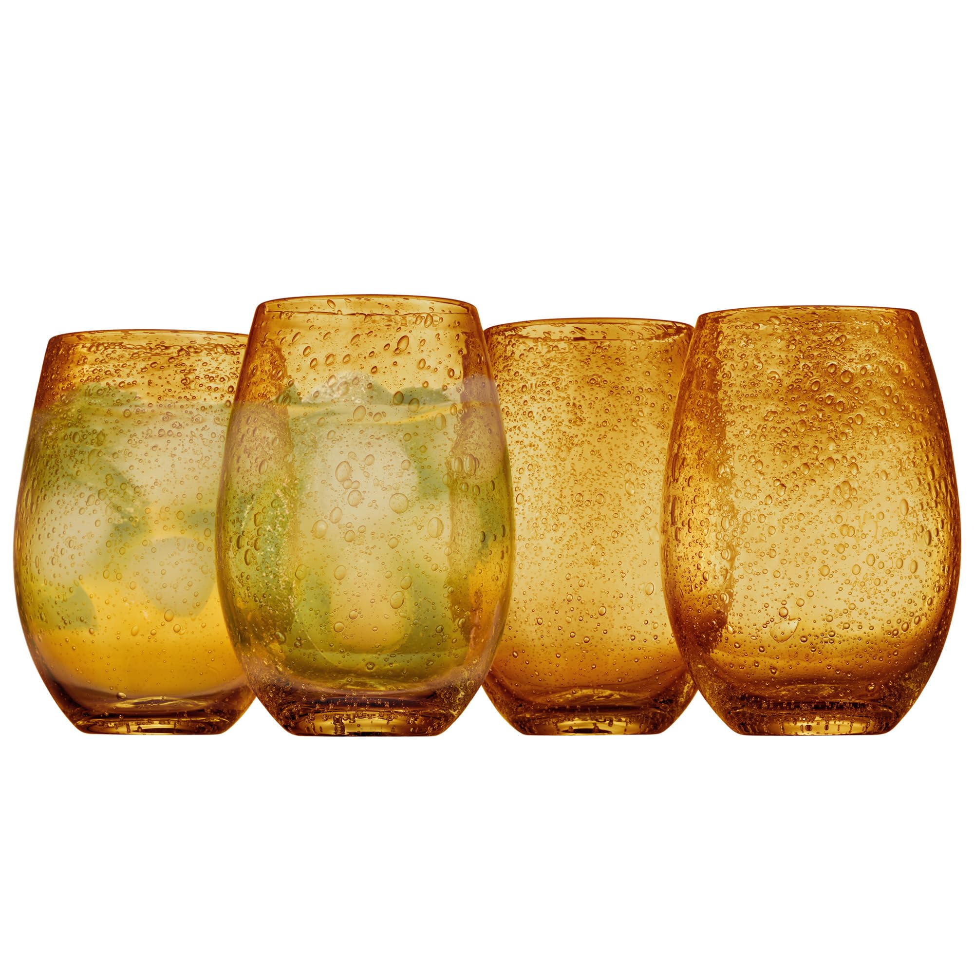 Stemless Wine Glass, Set of 4 | Iris Seeded Design, Amber | Drinking Glass for Parties and Everyday Use - Wine, Champagne, Cocktail | Glassware & Barware Essentials