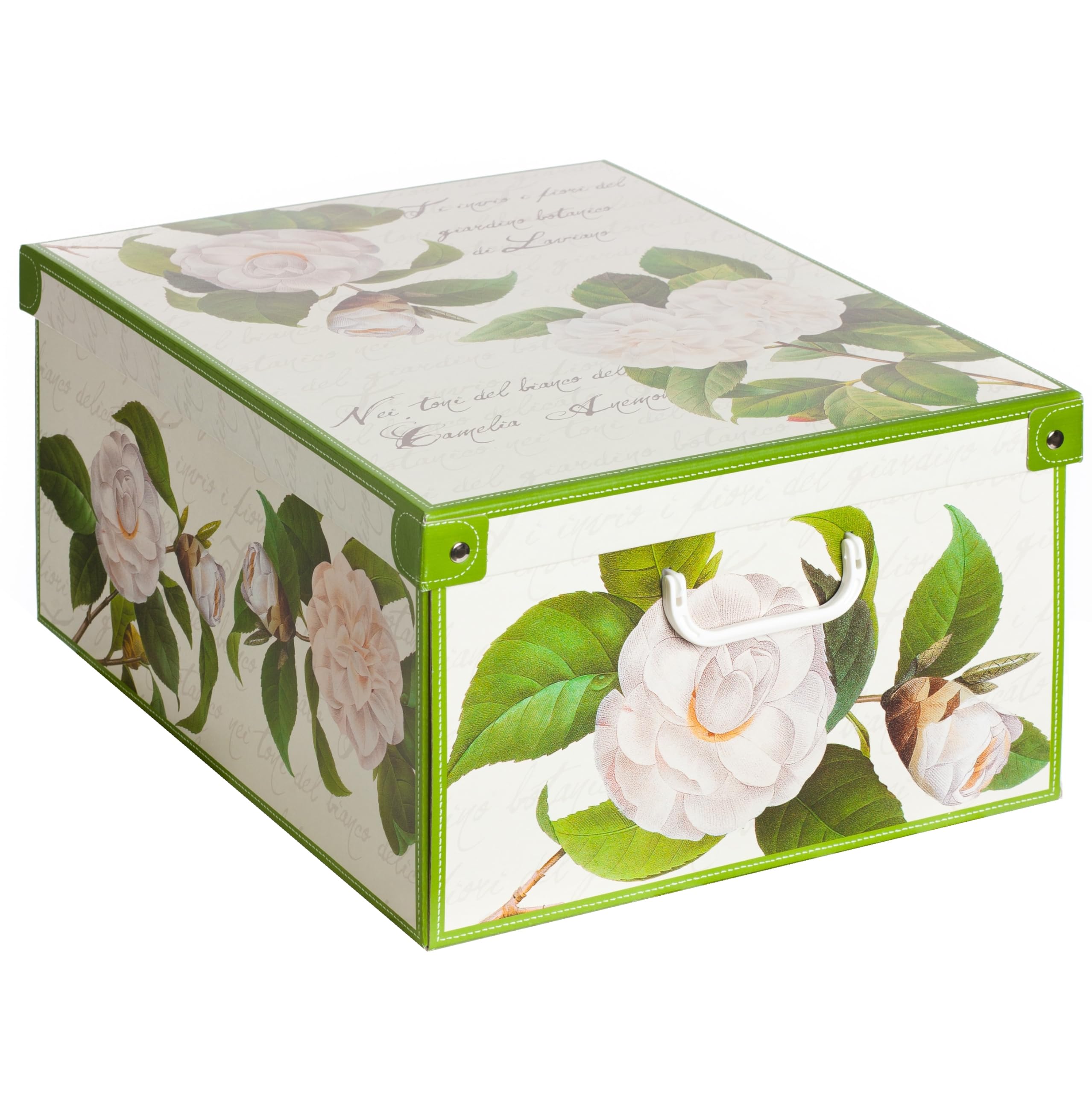 Set aus 6 Aufbewahrungsboxen mit Deckel – Große Kleiderboxen aus Karton 39x50x24 cm – Robust, leicht zu montieren, mit Tragegriffen – Perfekt für Kleiderschrank & Saisonwechsel Kamelien