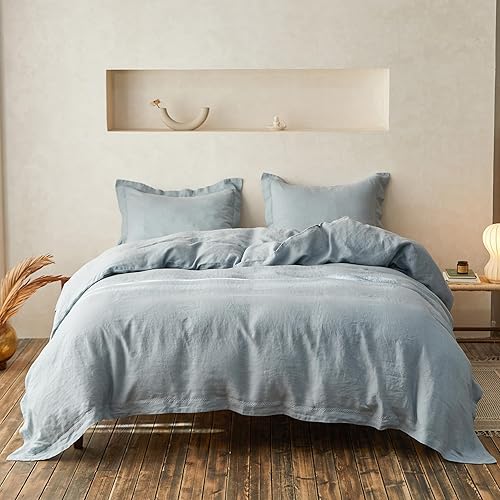 Miniatura 12 de Simple&Opulence - Juego de funda de edredón de 100% lino puro, color liso con detalles bordados, disponible en tamaño individual, matrimonial, Queen