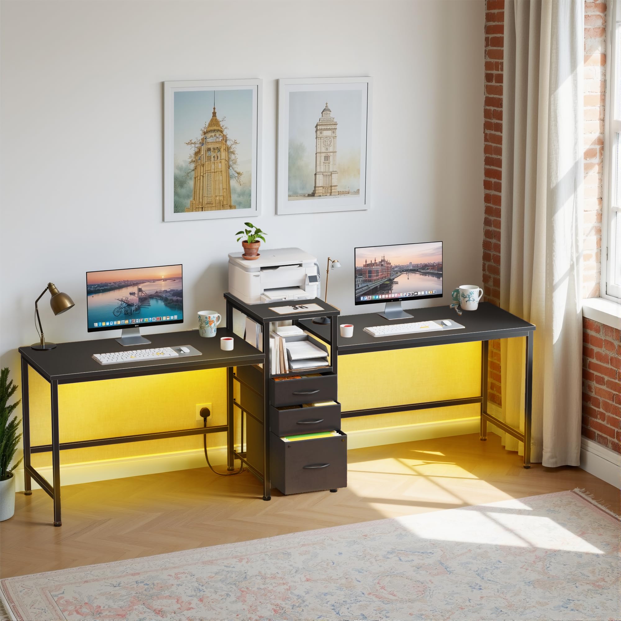 236cm Doppelter Bürotisch Schreibtisch mit Steckdosen, Computertisch mit Stoff Schubladen Stauraum&Druckerregal, LED Gaming Tisch mit Beleuchtung, Office Work Desk Arbeitstisch, Schwarz