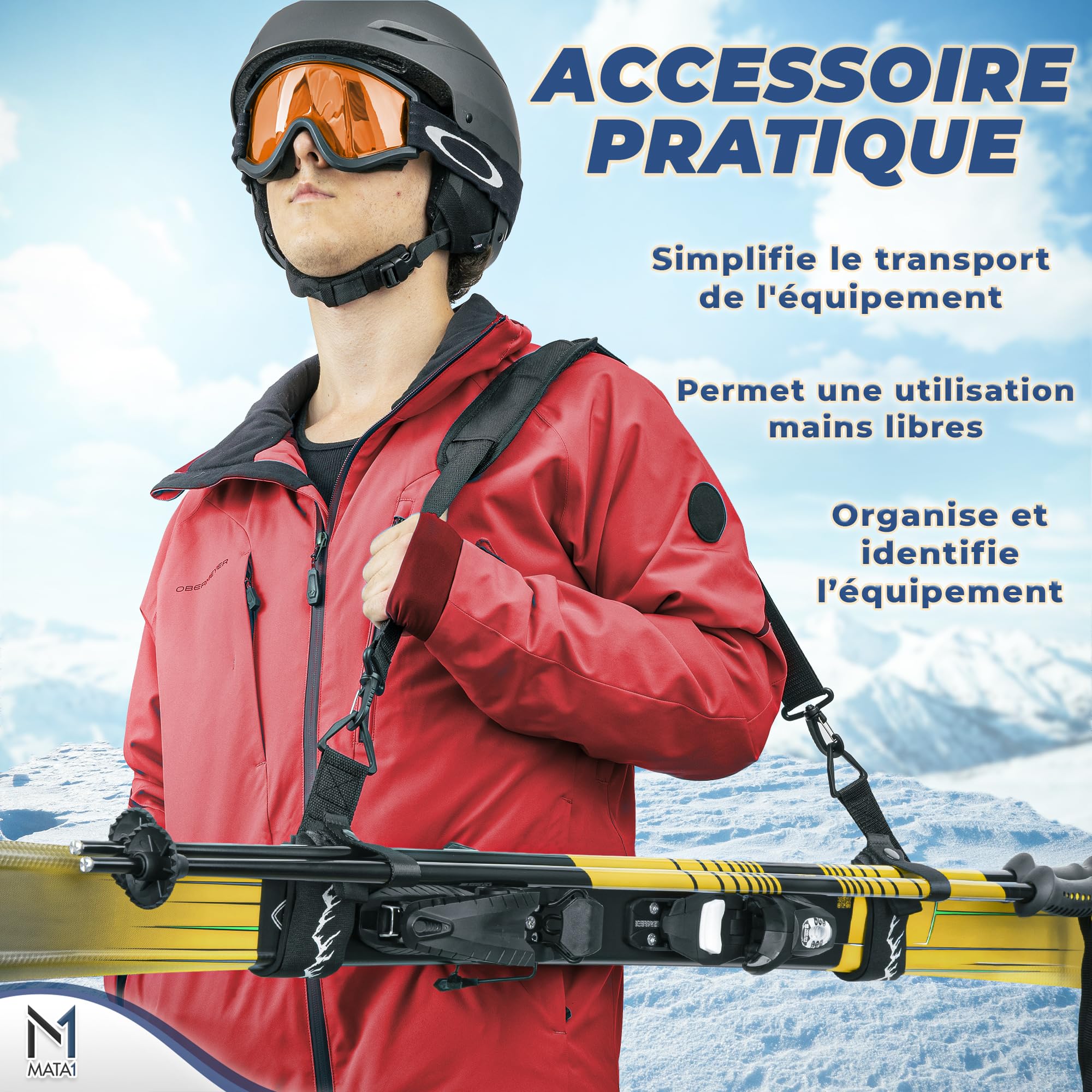 Sangle de Ski Porte-bâtons Noir Bandoulière réglable Transport Skis Bâtons
