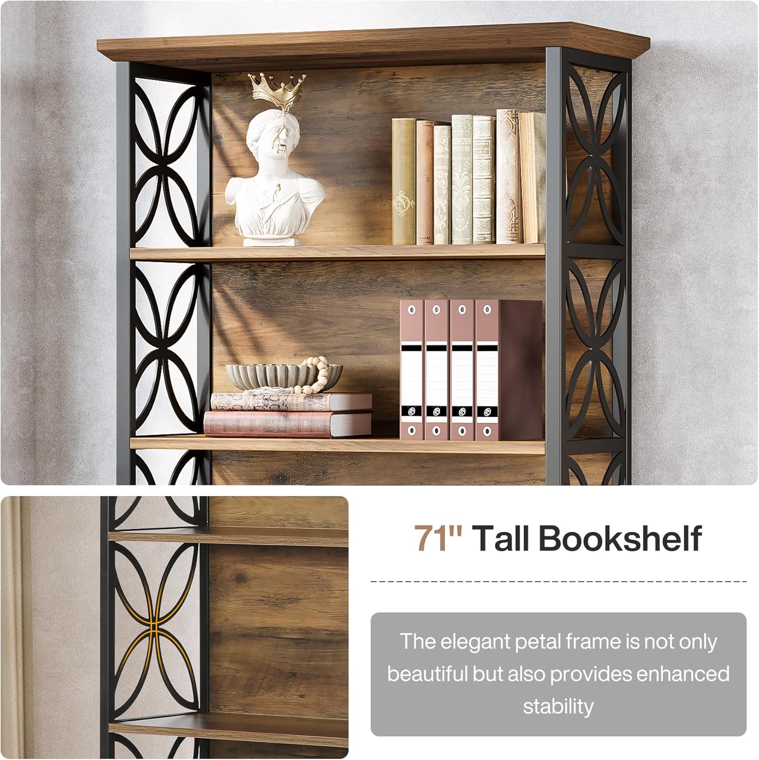 Tribesigns 6-Tier Tall Bookshelf, 71" Industrial Bookcase with Metal Frame, Freestanding Open Storage Shelves for Home Office, Living Room, Bedroom