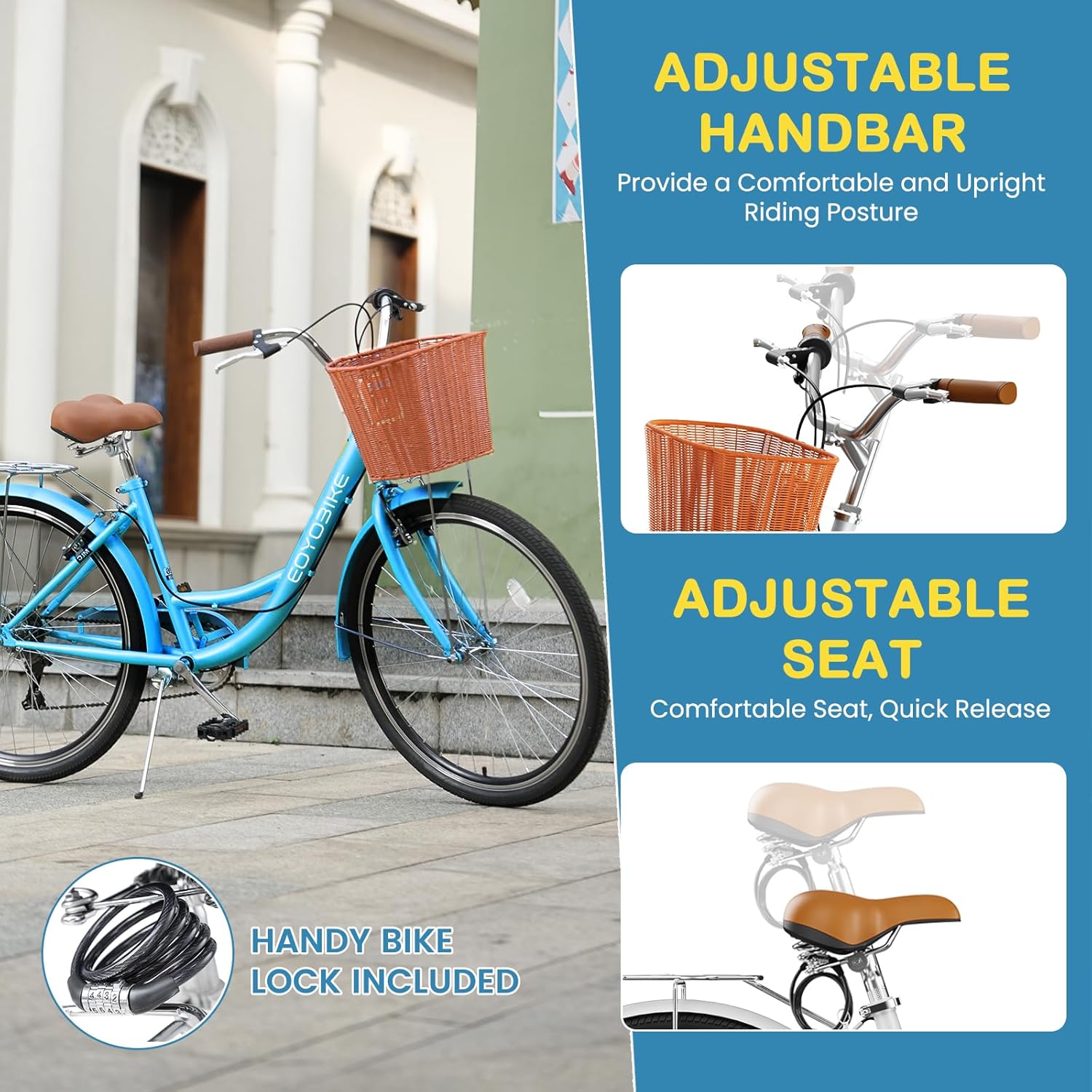 NAIZEA Womens Bike - 7 Speed Beach Cruiser Bike for Women, 24 26 inch with Ratten Basket & Rack, Bike for Adults Women, Womens Bicycle for Commuting, Step Through City Bikes for Women Adults