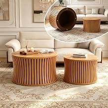 Ribbed Nesting Round Coffee Table Set of 2, Wooden Center Table,Brown | Round Nesting Coffee Tables Set of 2, Round Slatted Coffee Tables,2-Piece Wooden Center Table for Living Room, Bedroom
